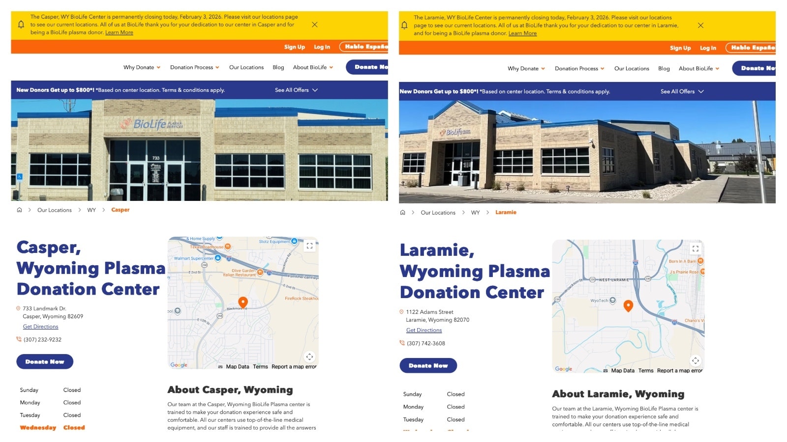 The BioLife website still shows the locations in Casper and Laramie, but there's a disclaimer with both that they have been closed permanently as of Feb. 3, 2026.