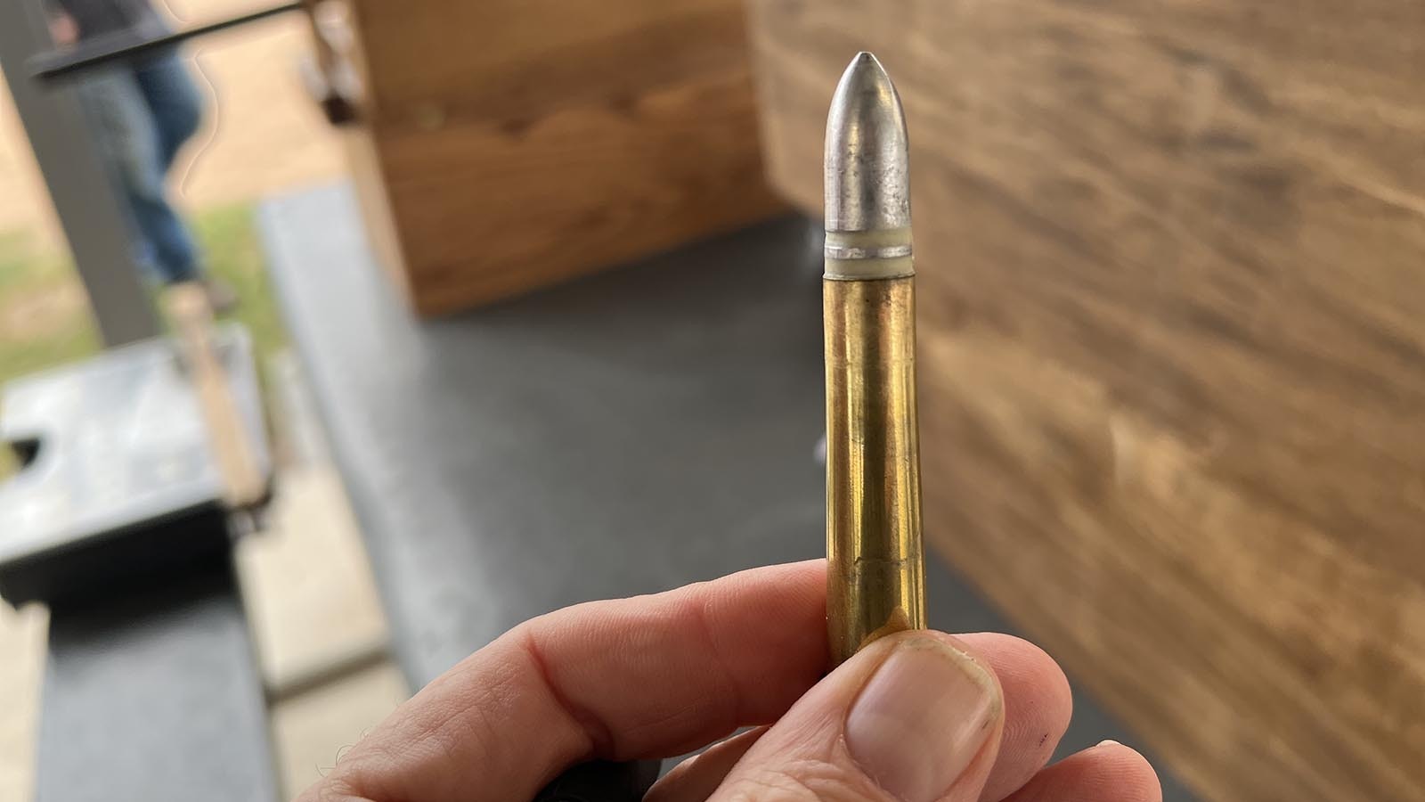 This .40-65 black powder cartridge tipped with a cast bullet was hand-loaded by shooter Thomas Moore of Buffalo. They compete in historically authentic rifle matches, shooters must make their own ammunition.