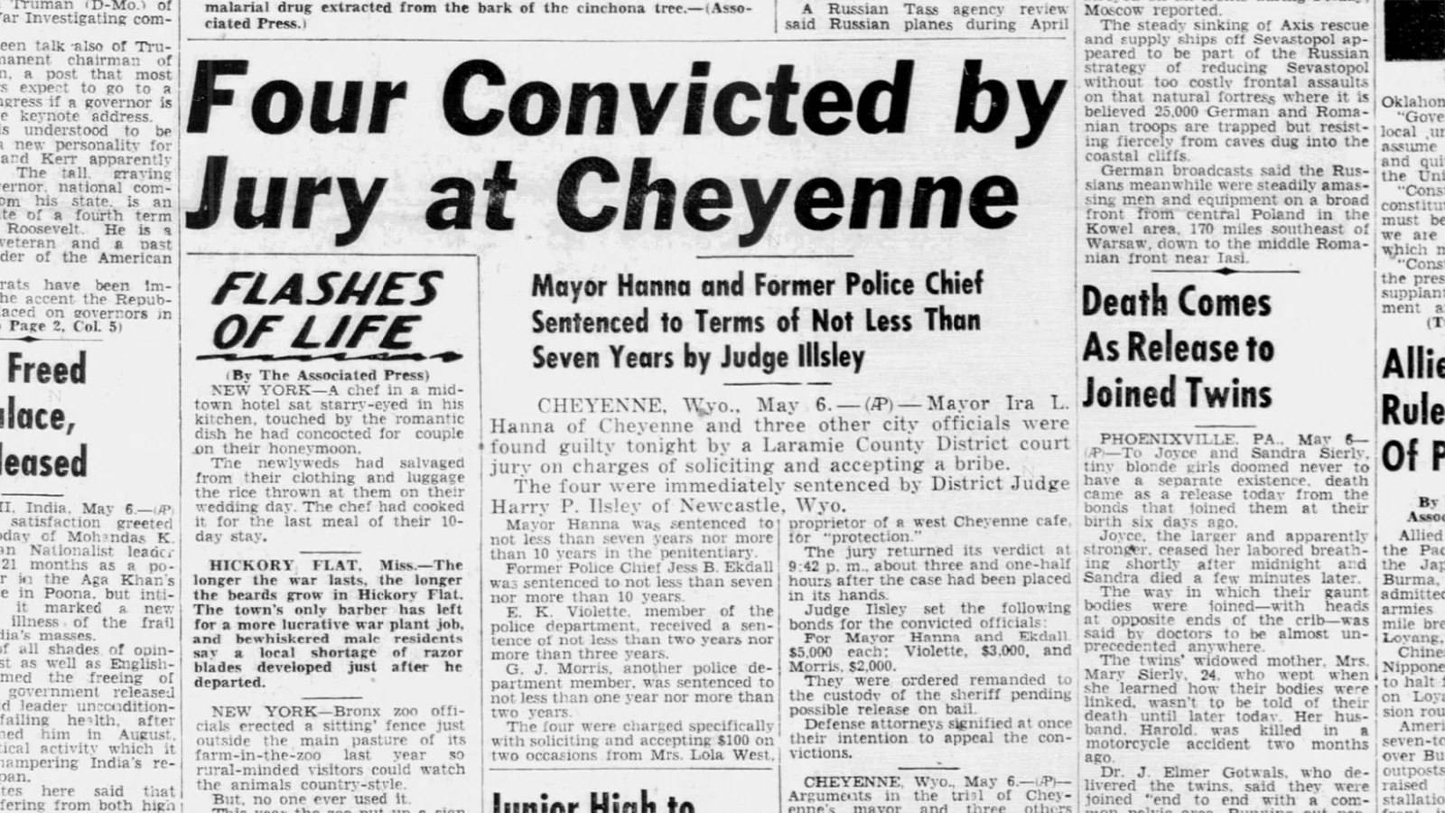 The Casper Daily-Tribune put the conviction of Cheyenne’s mayor and his police chief on its front page on May 7, 1944.