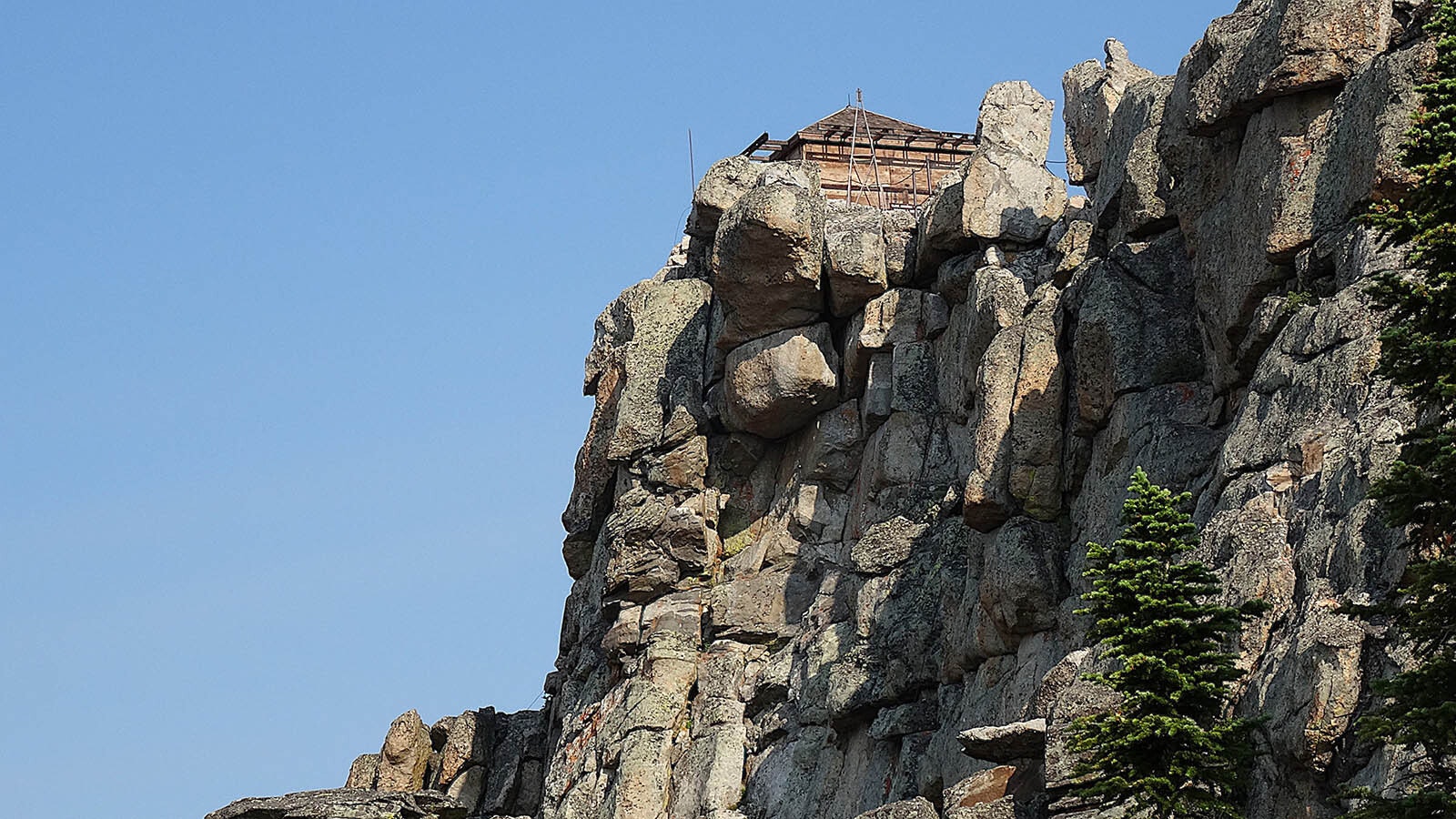 Black Mountain Lookout, at 9,400 feet elevation one of the highest points in the Bighorn Range. The lookout itself has been shuttered for decades, and now the deck also is closed for repairs.