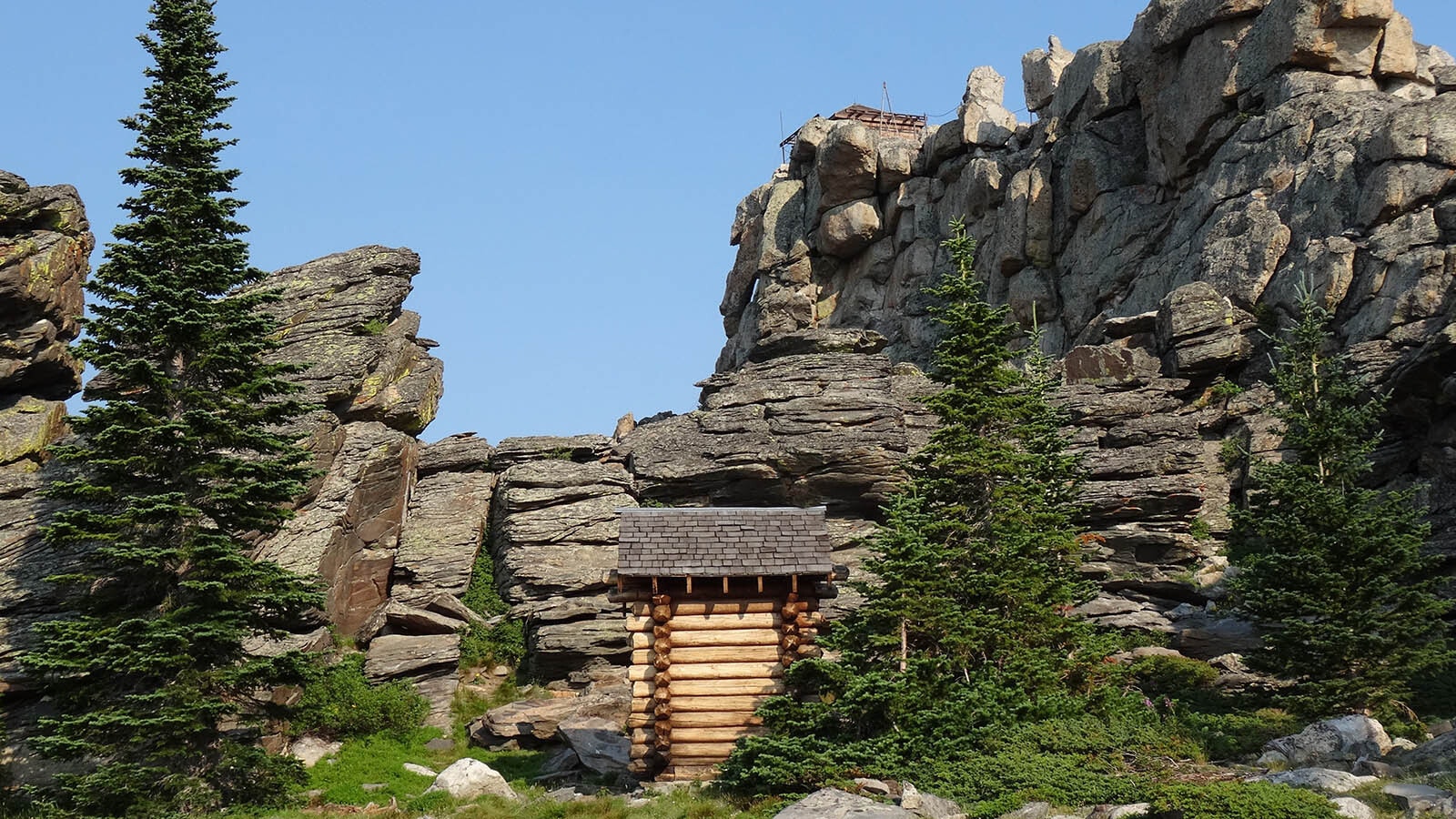 Black Mountain Lookout, at 9,400 feet elevation one of the highest points in the Bighorn Range. The lookout itself has been shuttered for decades, and now the deck also is closed for repairs.