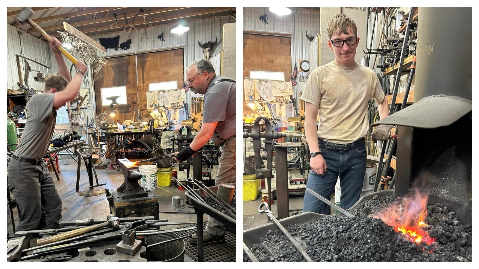 A student from South Dakoto who goes by Own swings a hammer on a project and works at the forge.