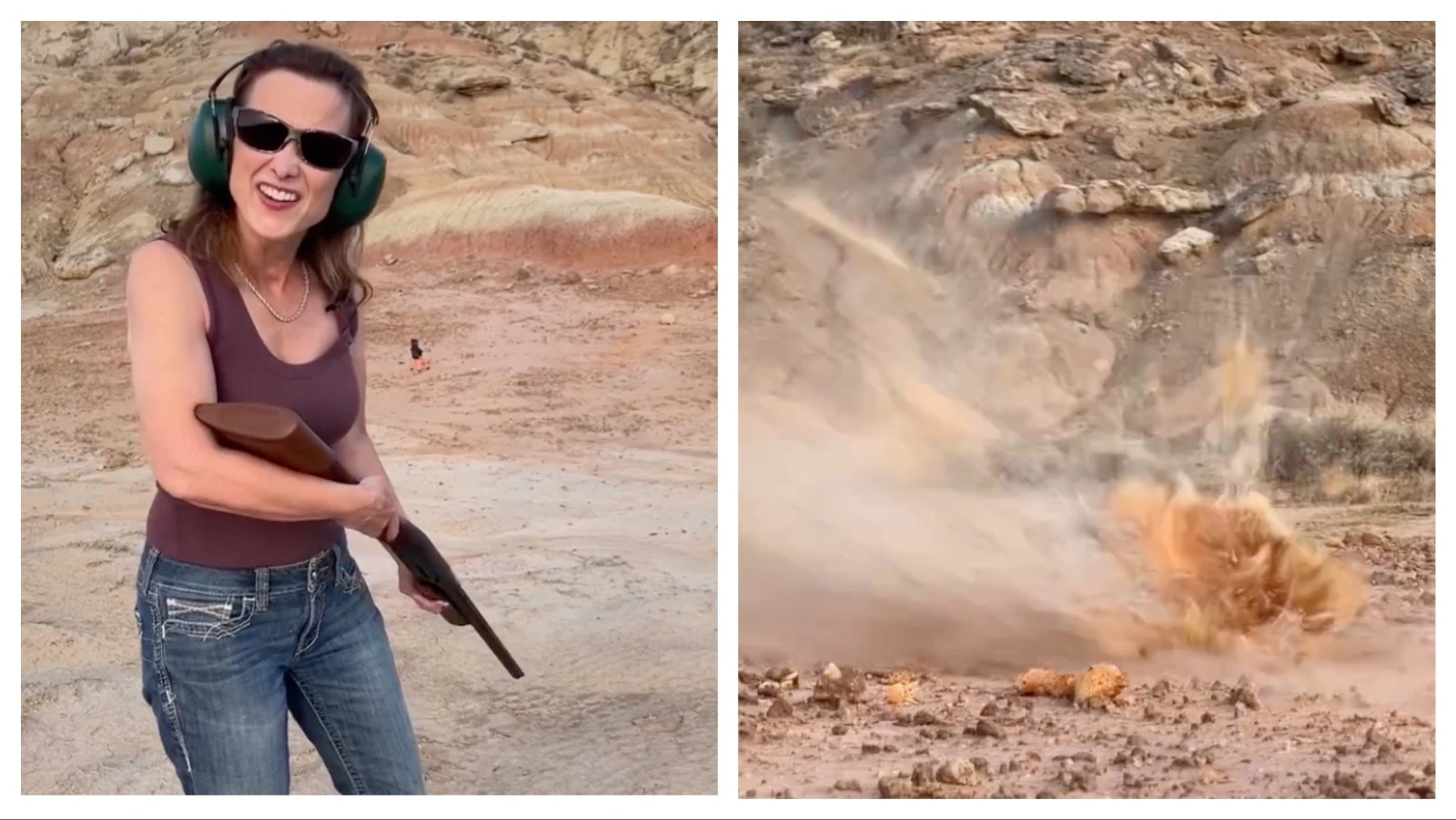 Melissa Cook explodes a bad canteloupe with a 12-guage shotgun.