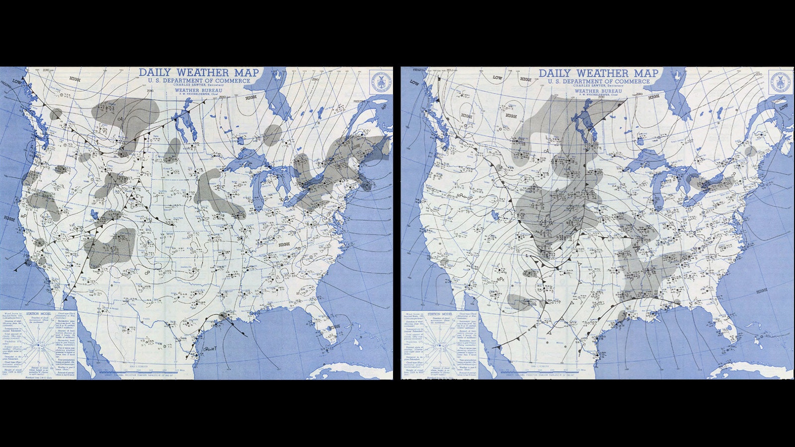 Jan. 2 and 3, 1949, national weather map. Forecasters were caught completely by surprise.