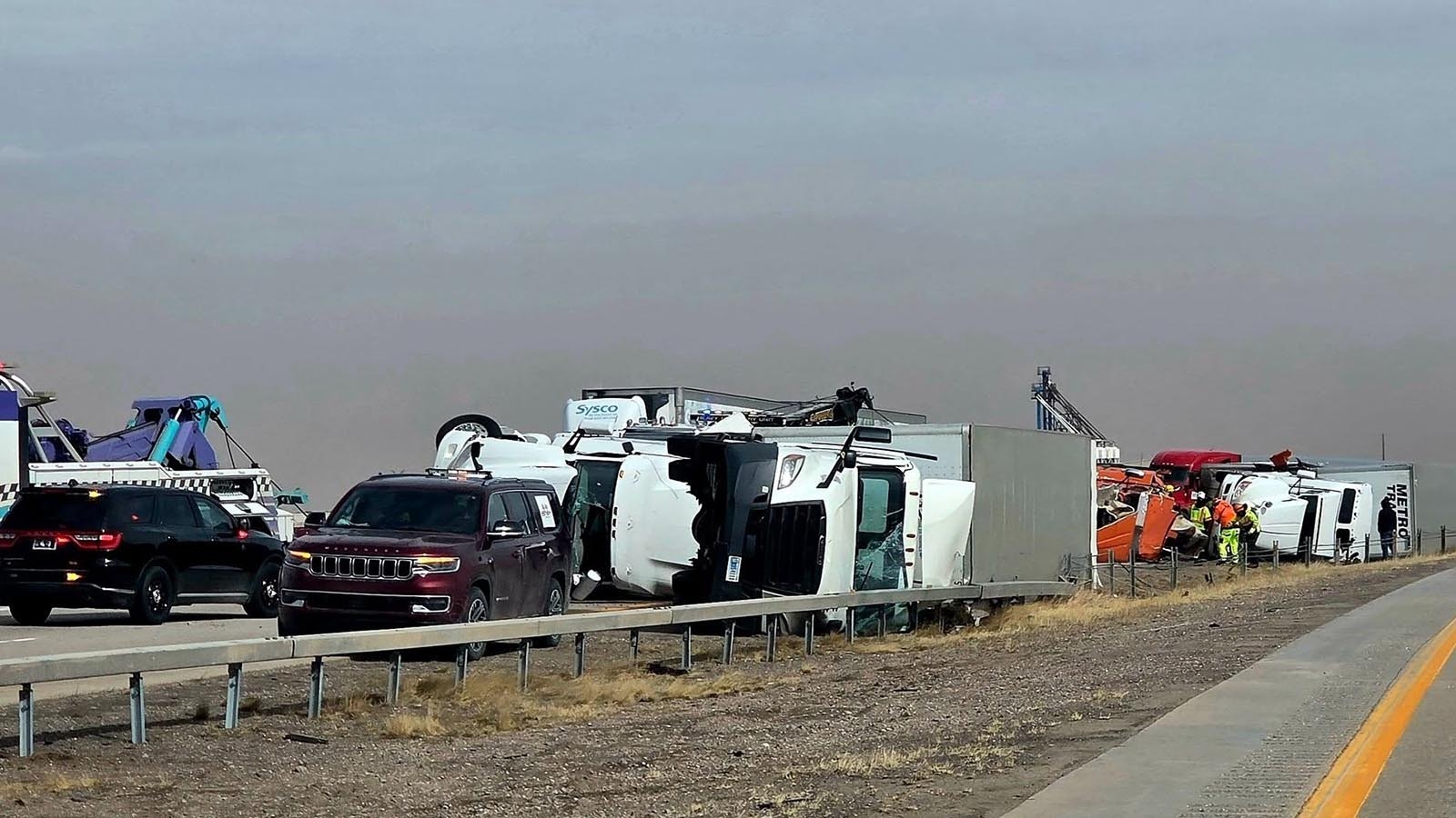 Dozens of semitrailers overturned in high wind conditions around Wyoming on Thursday, March 12, 2026.