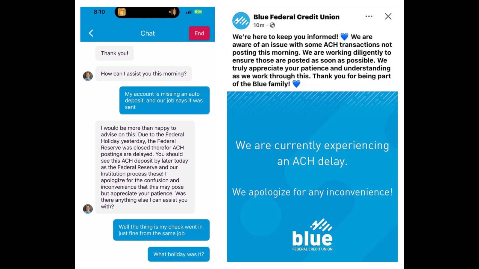 Left, a chat conversation with a Blue Federal Credit Union representative saying paychecks were late because of Jimmy Carter's funeral. Right, a post by the company about the problem.