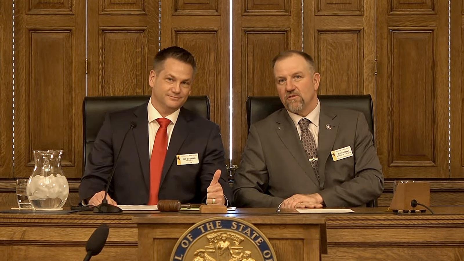 Wyoming Senate President Bo Biteman, left, and House Speaker Chip Neiman before Gov. Mark Gordon's State of the State address at the Capitol in Cheyenne on Wednesday, Jan. 15, 2025.