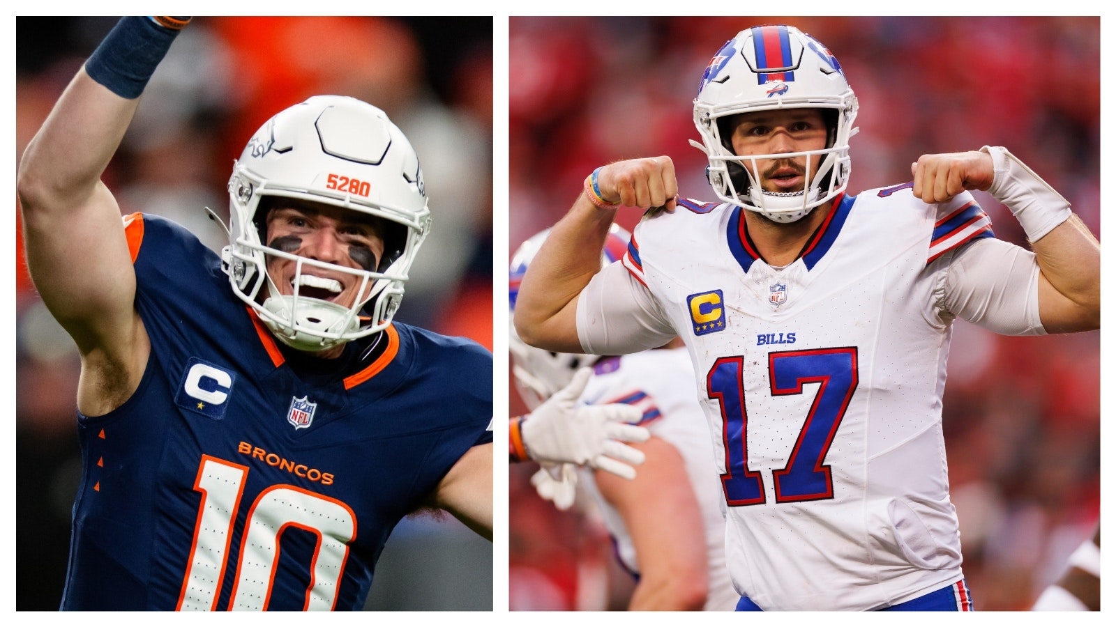 Denver Bronocs quarterback Bo Nix, left, and Buffalo Bills signal-caller Josh Allen.