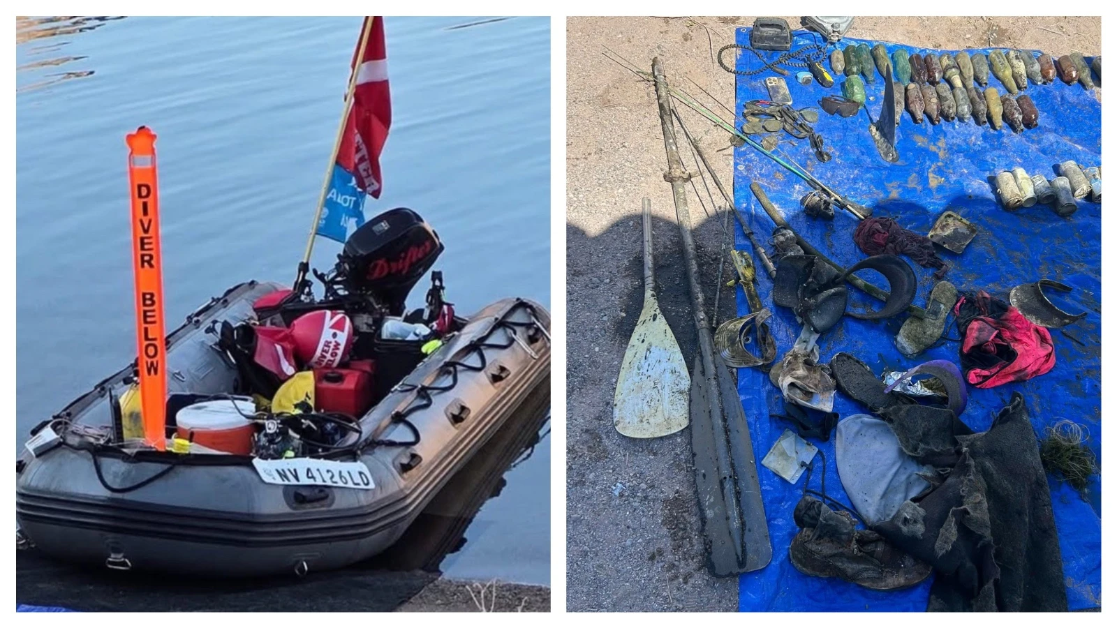 The boat that Ken Wige uses to navigate divers along the Colorado River. At right is one day’s haul for divers in a two-mile stretch of the Colorado River below Hoover Dam.