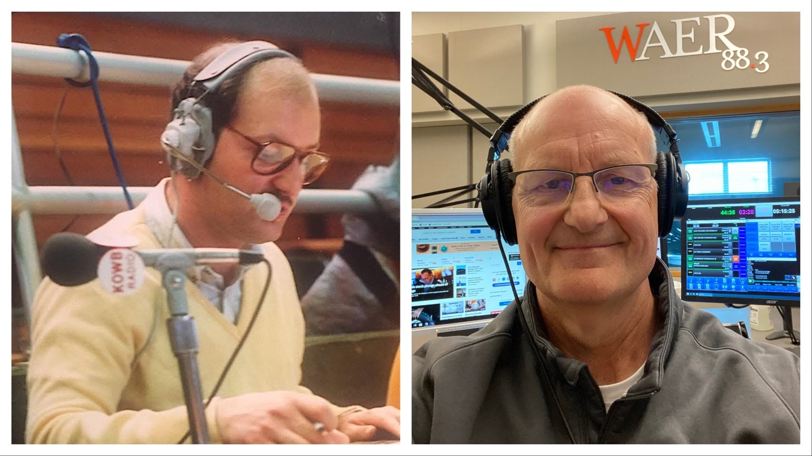Left, Bob Beck broadcasting a sporting event in the mid-80s in Wyoming. Right, Beck retuned to the studio quickly in Syracuse, New York, after being recruited by the local public radio station at Syracuse University.