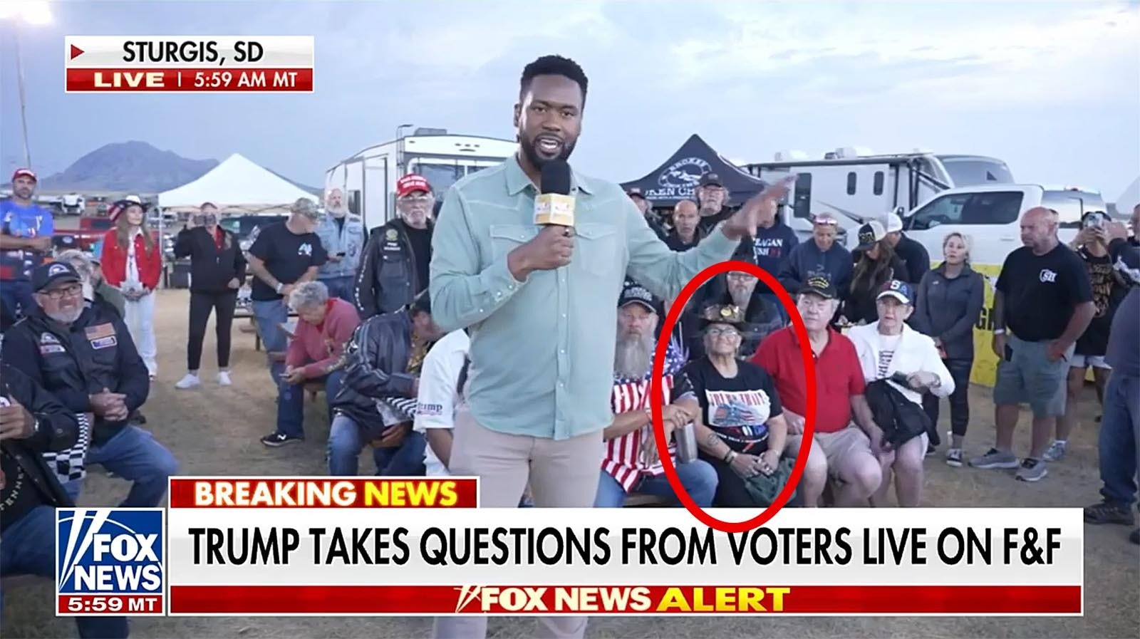 Hulett, Wyoming, artist Bob Coronato's painting "Trump Train" was prominently shown worn by a Sturgis rallygoer Aug. 7 during a segment on Fox News. Reporter Lawrence Jones was taking questions from South Dakota voters for former President Trump live on "Fox & Friends."