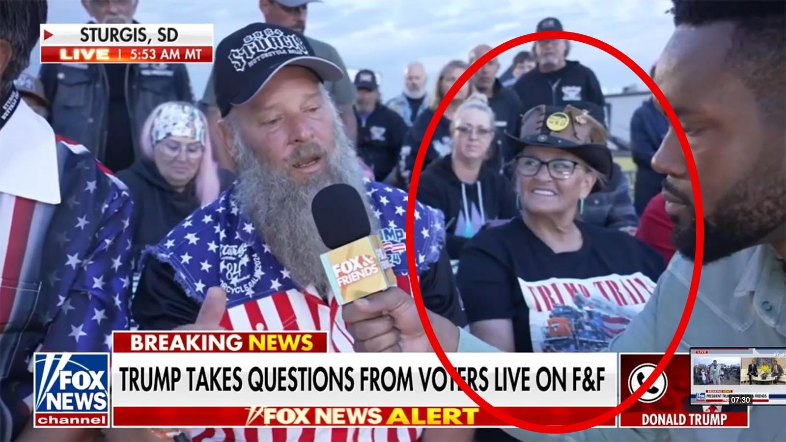 Hulett, Wyoming, artist Bob Coronato's painting "Trump Train" was prominently shown worn by a Sturgis rallygoer Aug. 7 during a segment on Fox News. Reporter Lawrence Jones was taking questions from South Dakota voters for former President Trump live on "Fox & Friends."