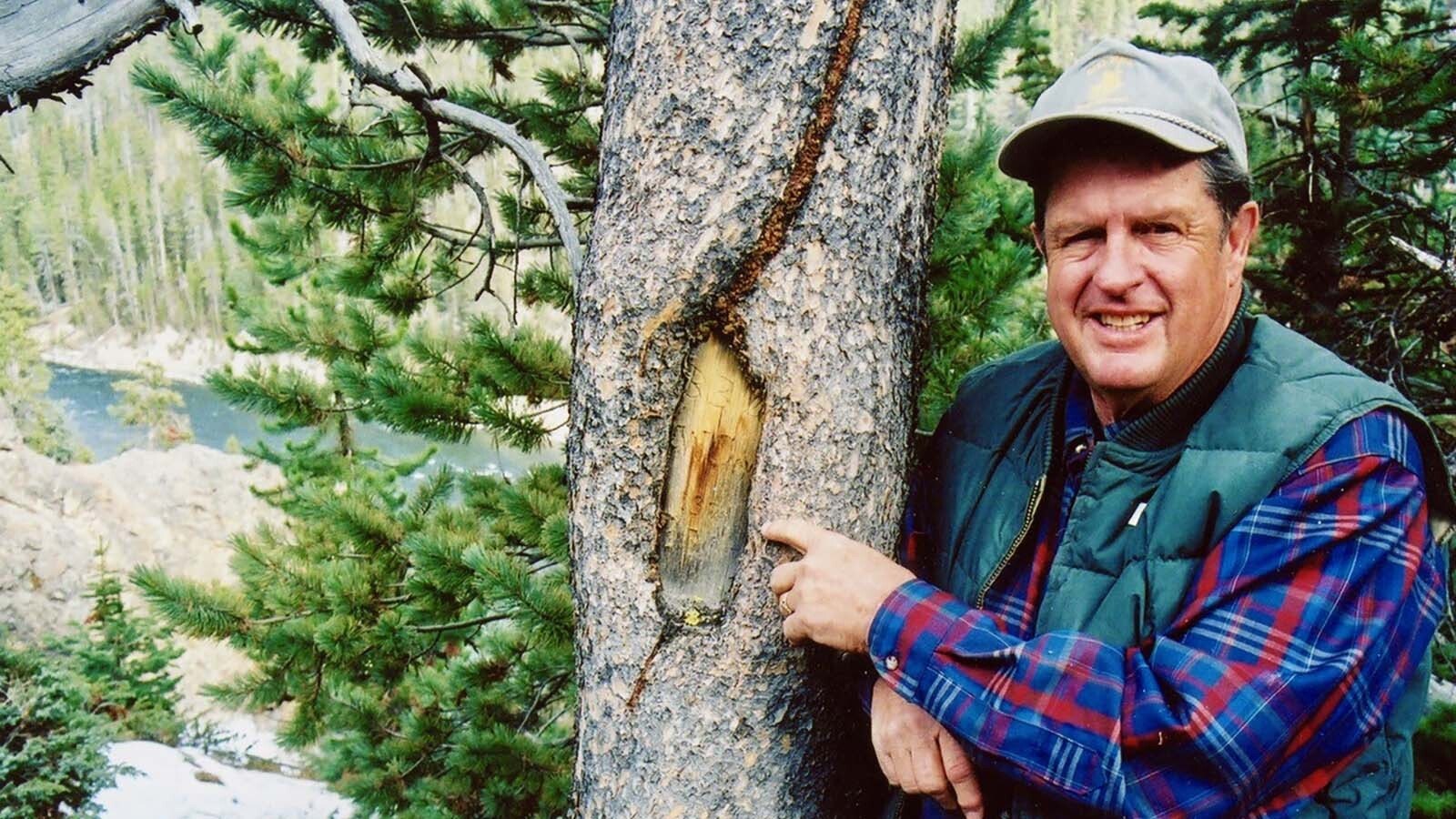 Bob Richard points to the historic tree carving made by Bob Hayden in 1871 in Yellowstone National Park.