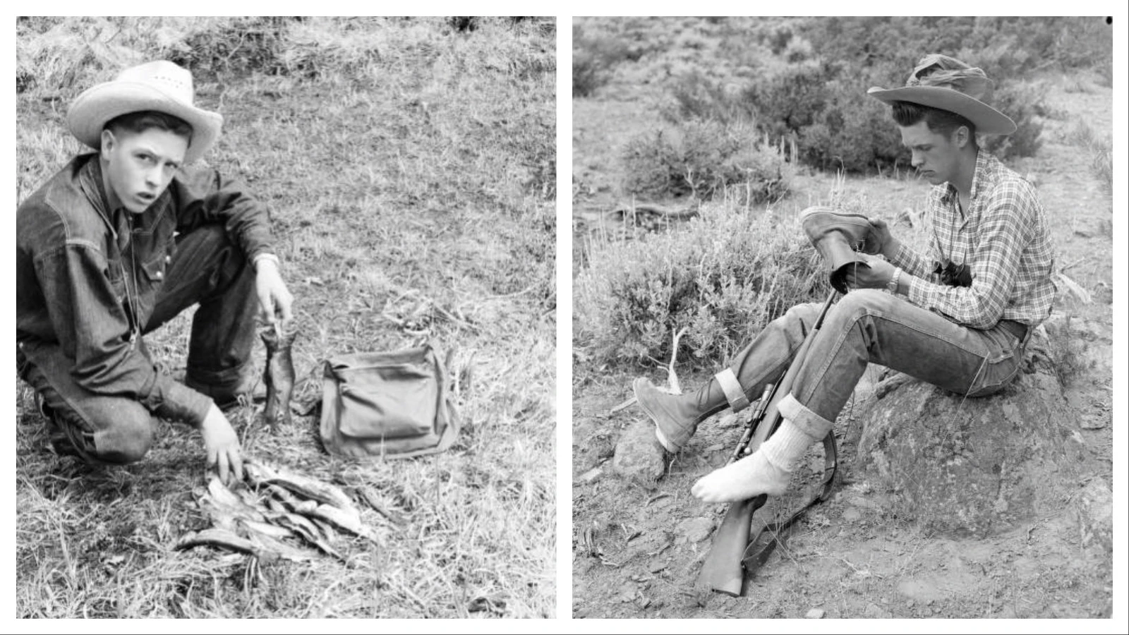 Left, Bob Richard squats next to several trout he caught in the Beartooth Mountains in 1948. Right, Richard sits with his boot off and firearm strung across his leg in the South Fork in 1950.