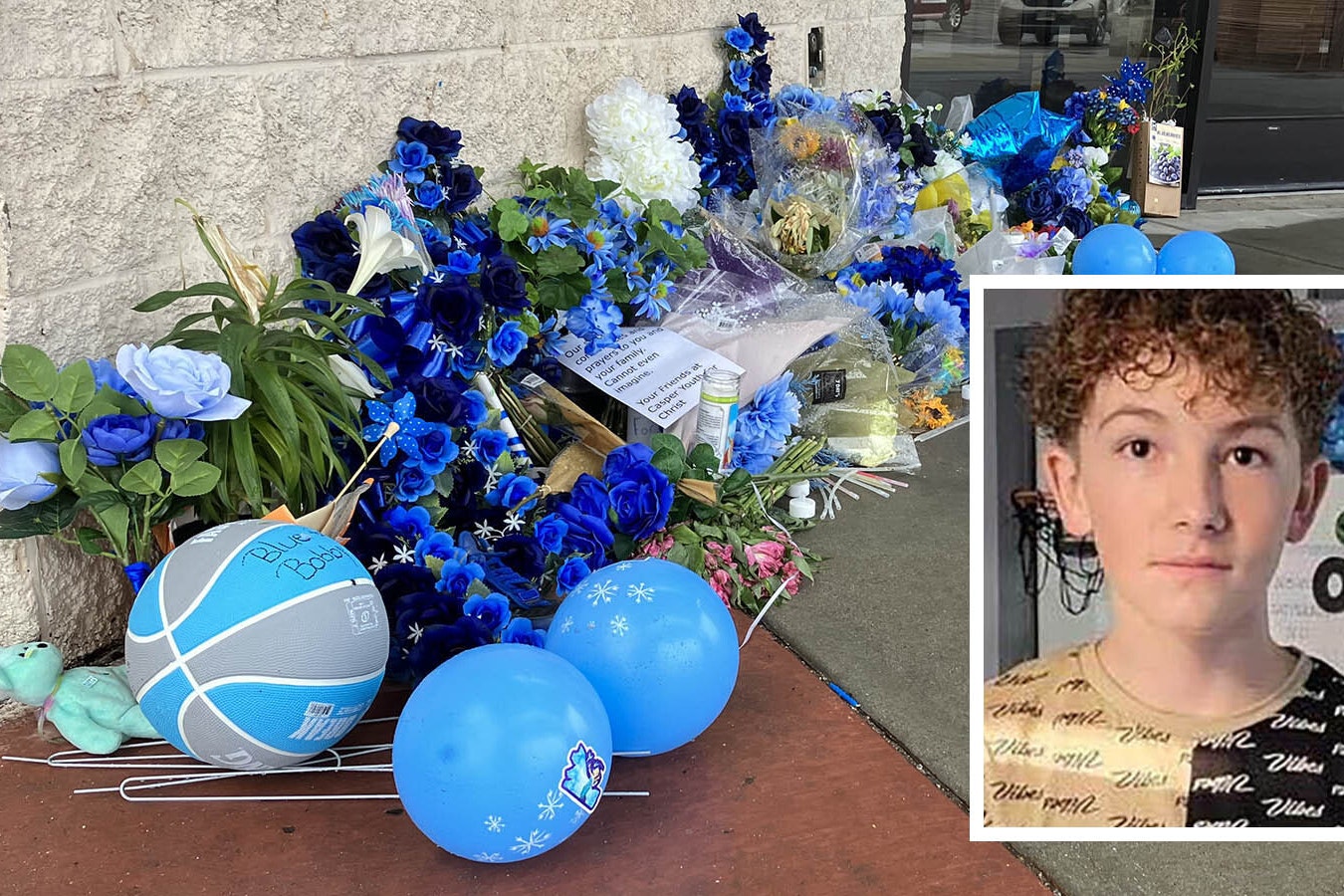 A memorial for Bobby Maher, the Casper 14-year-old who died after being stabbed outside Eastridge Mall on April 7, grows near the spot of the altercation. Maher's favorite color was blue.
