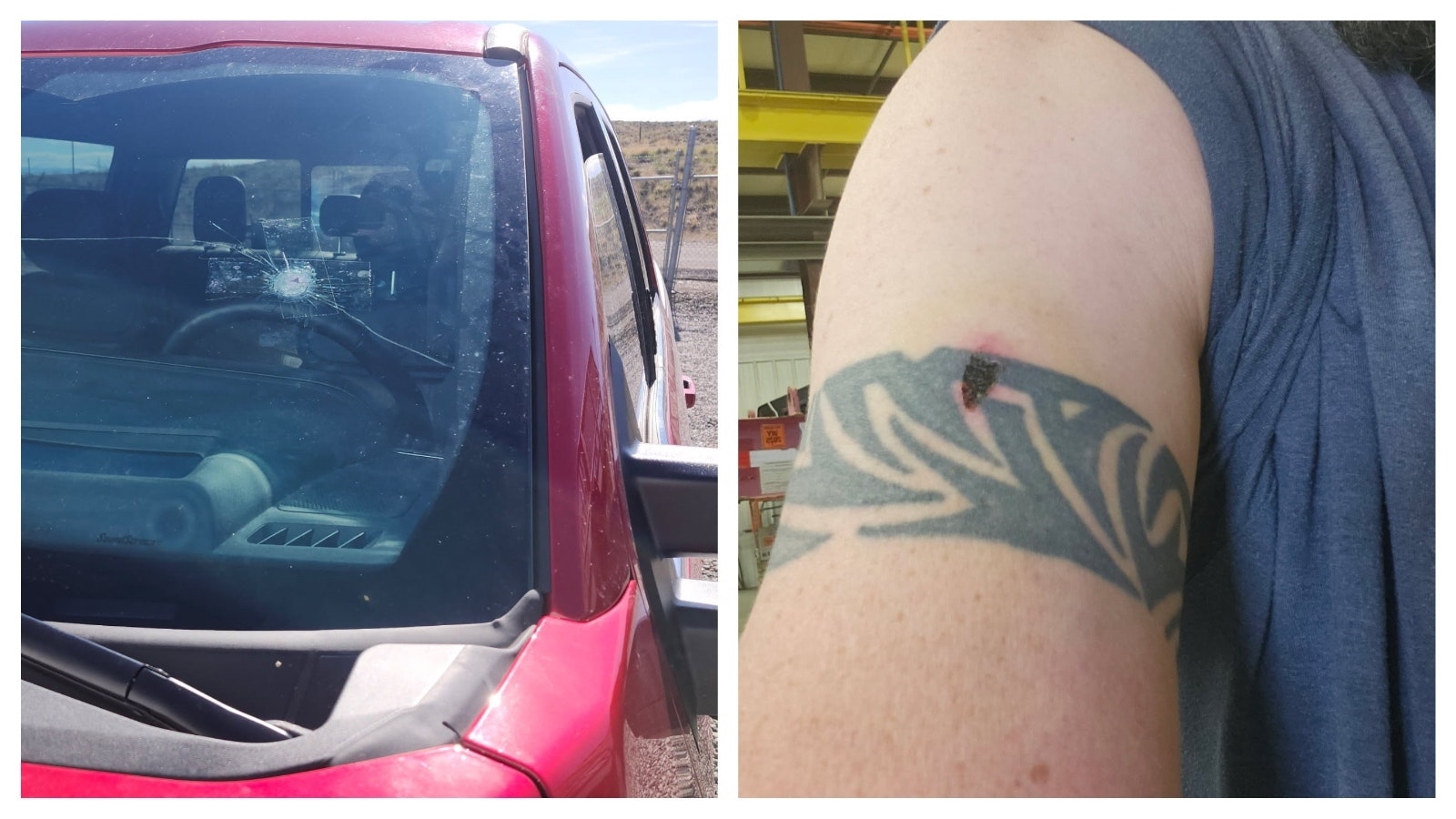 A local man was shot in the arm while confronting a suspected burglar about just what was in a three-gallon bucket, after the Riverton business he manages was burglarized. The bullet came through the windshiled of his F-350 where his head would've been if he hadn't ducked.