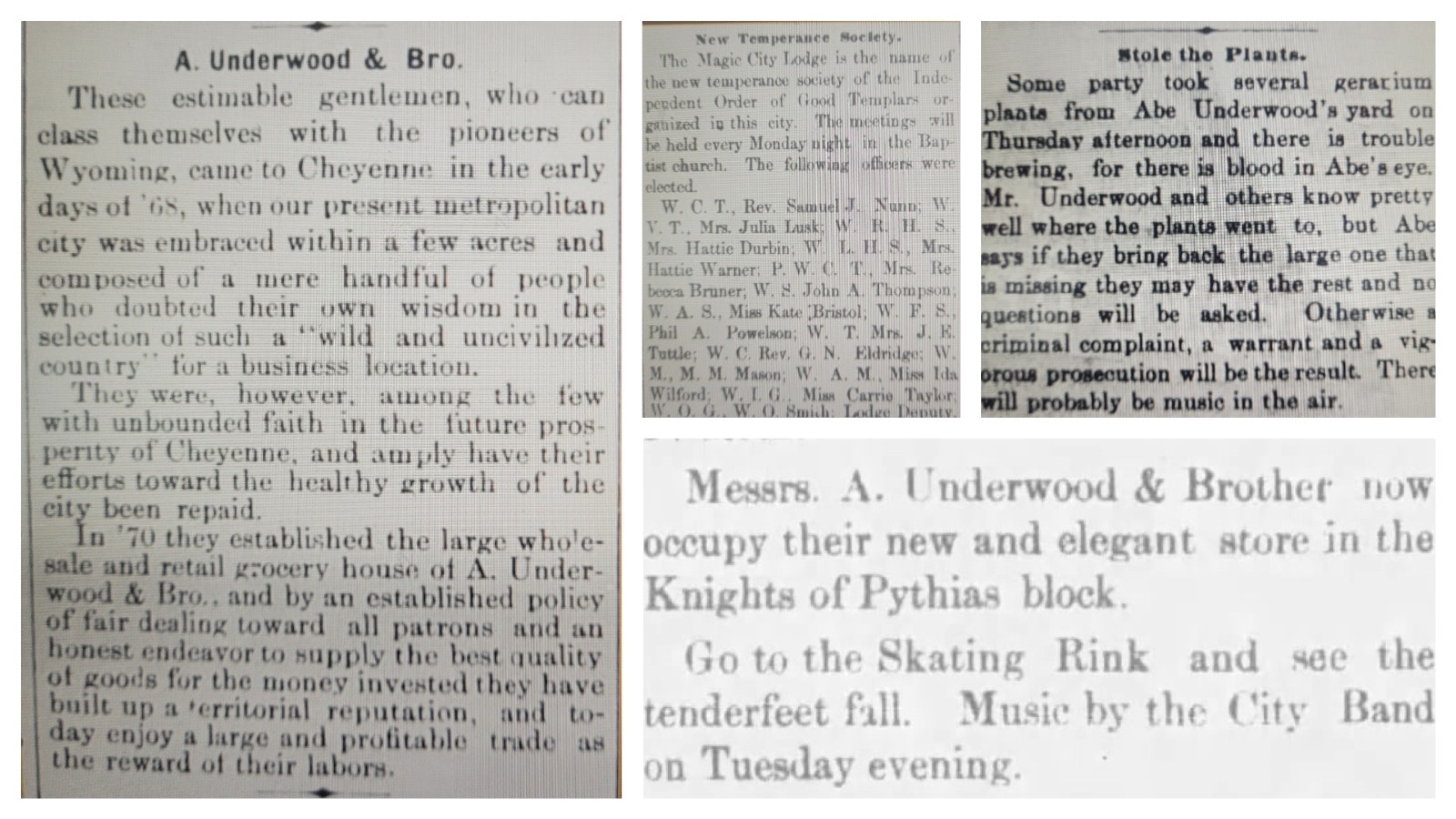 Advertisements from the A. Underwood Bro. Grocers in local Cheyenne newspapers.