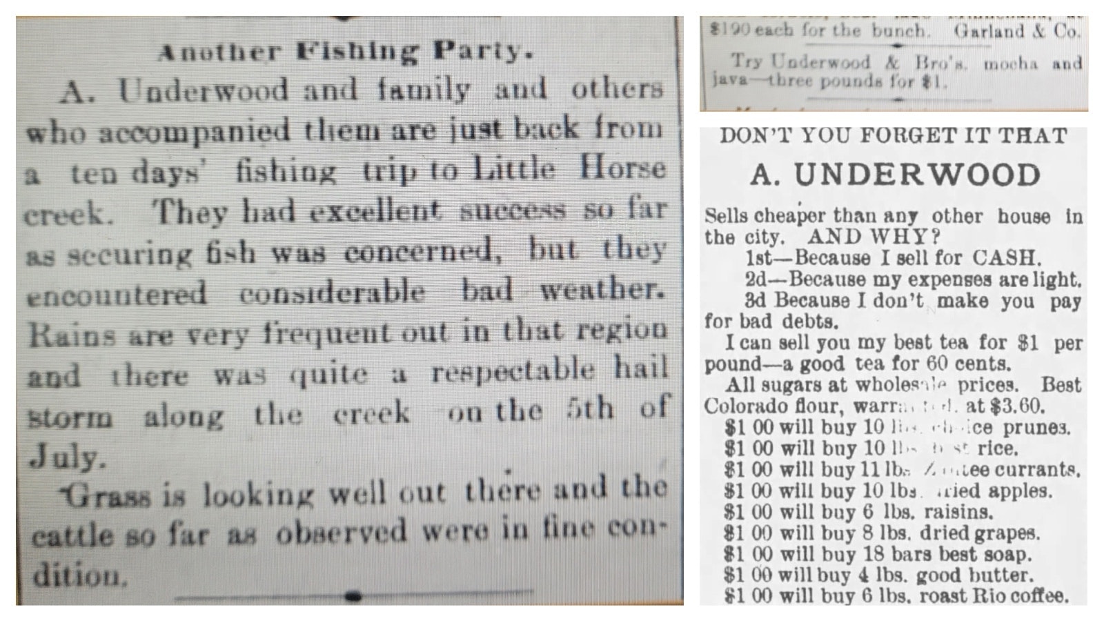 Advertisements from the A. Underwood Bro. Grocers in local Cheyenne newspapers.