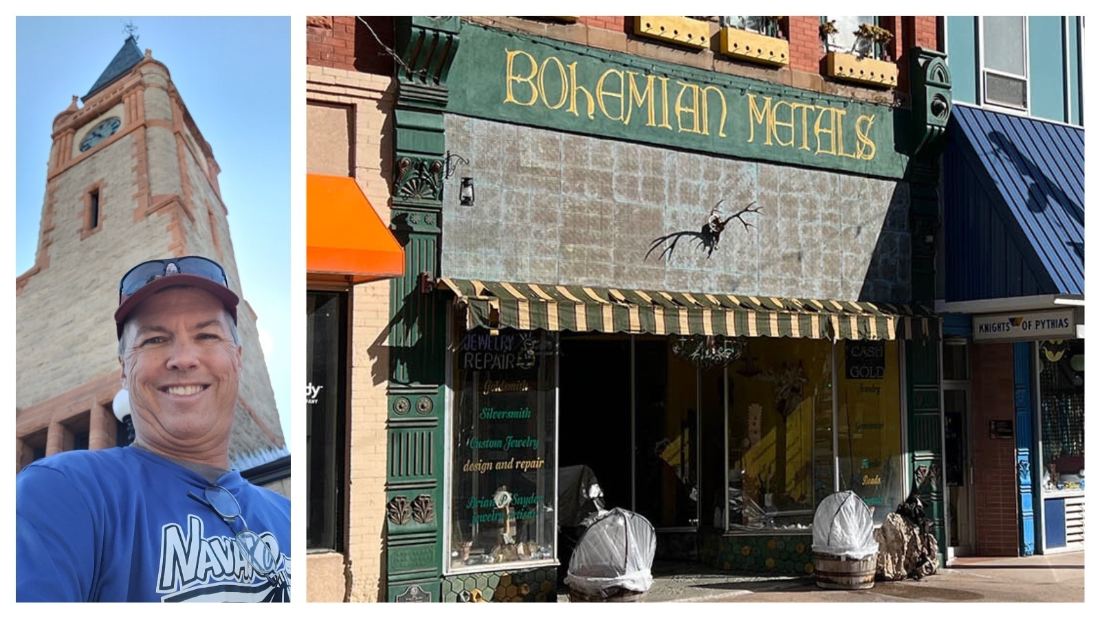 Mike Hennessy during a trip to Cheyenne, left, and the old storefront that used to be home to his great-great-granfather's grocery store.