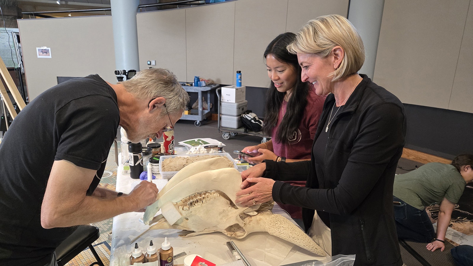 Lee "The Boneman" Post, from left, works with Buffalo Bill Center of the West Education Intern Isabel Bogin and Draper Advisory Board Member Jill Sholly on putting the mandible on the bison skull.