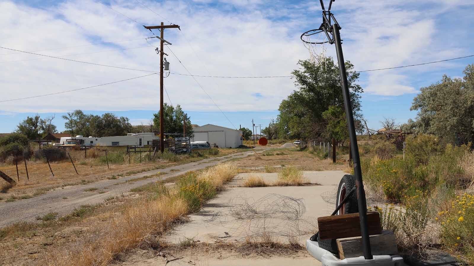 A basketball hoop minus the backboard on the mini-court along 2nd Street in Bonneville.