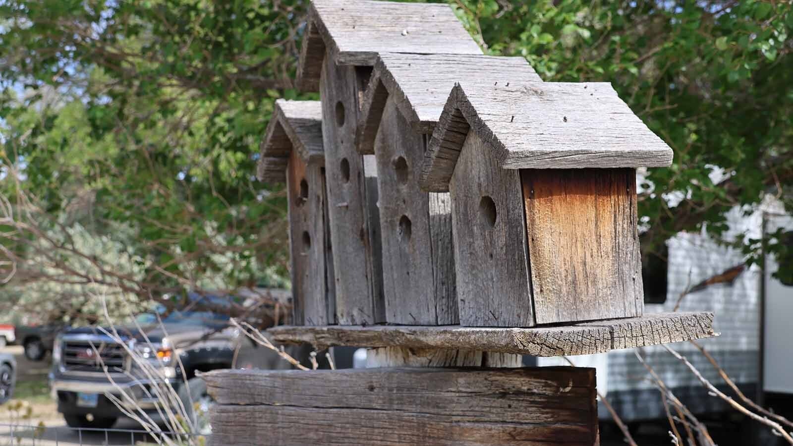 Birdhouses are perched along Bonneville Road like mailboxes as one enters the townsite.