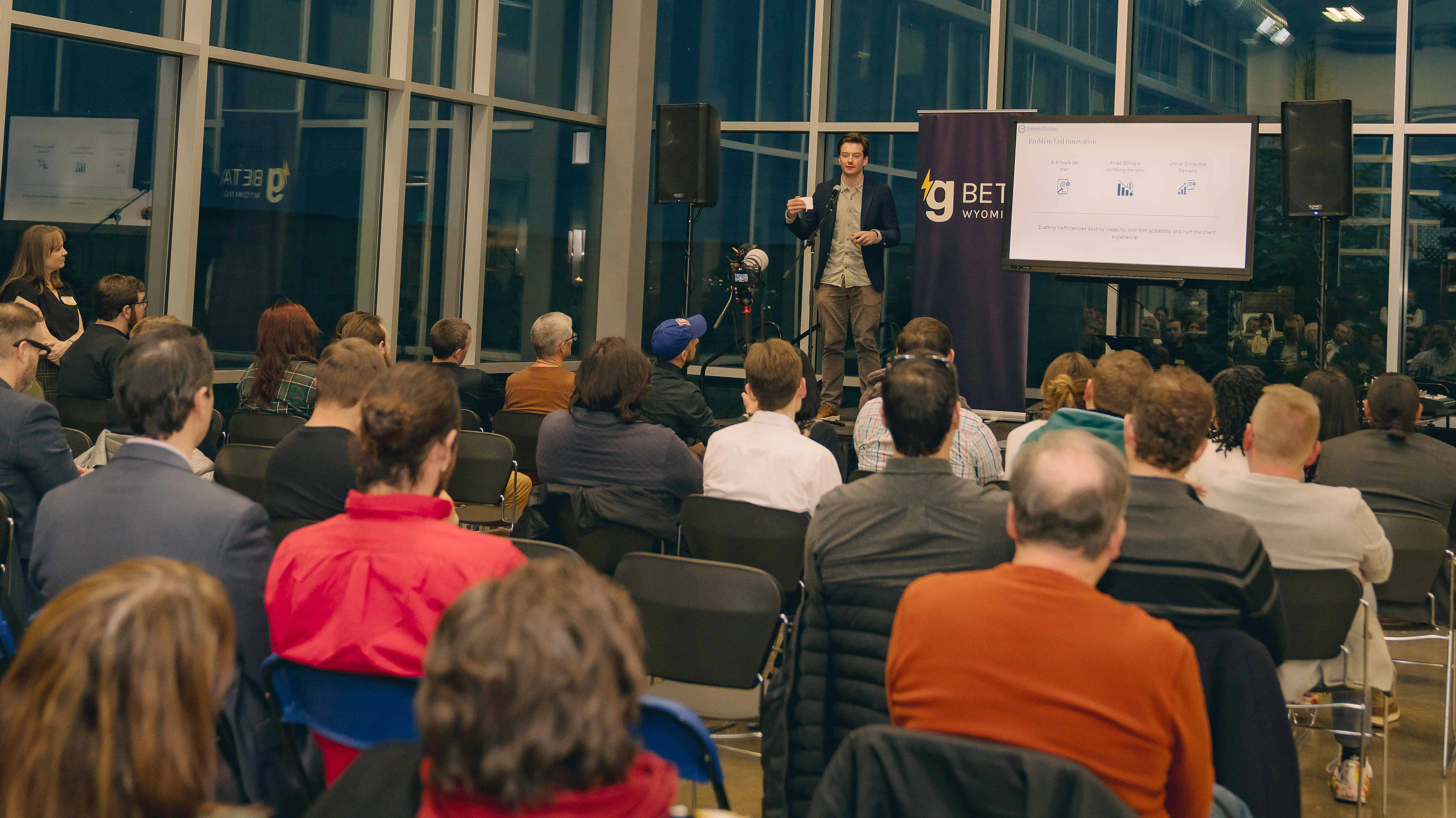 Estate Scribe founder Tyler Bass makes a pitch for his company during a recent g Beta competition in Wyoming.