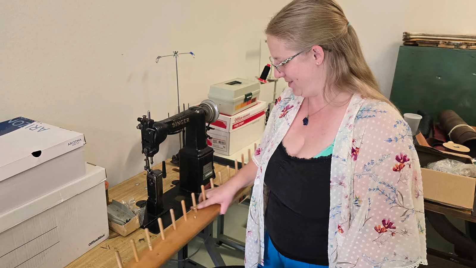Alyssa Lenell-White talks about this Singer sewing machine with itsminiature tower, which is useful for sewing on tubular-shaped items like shoes.