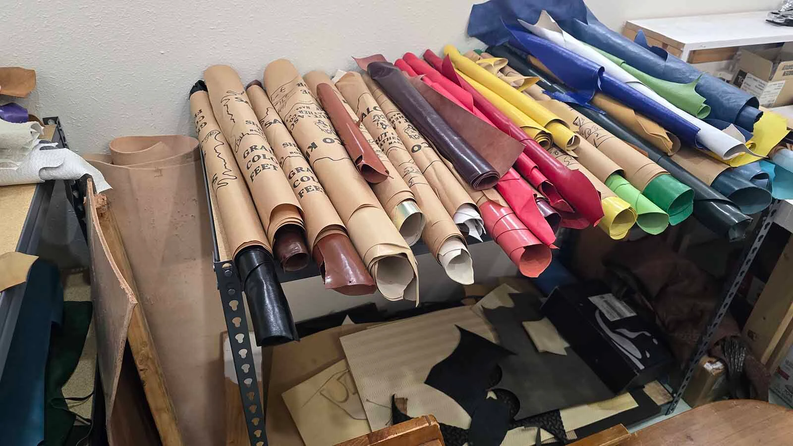 Leathers in many colors in Alyssa Lenell-White's new custom bootmaking shop in Cheyenne.