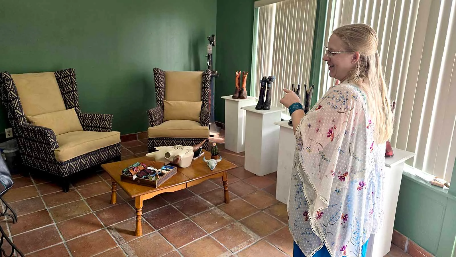 Alyssa Lenell-White's new bootmaking shop in Cheyenne also includes some of the projects she's made in year's past, ranging from wallets and purses to shoes.
