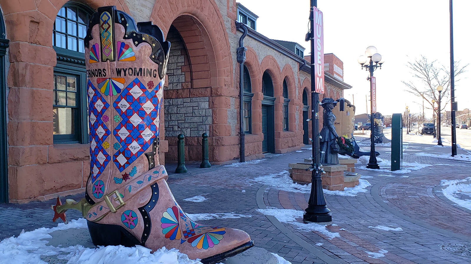 One of several Big Boots on an audio walking tour at Union Pacific Depot in Cheyenne. This particular boot features the signatures of all Wyomings governors in a quilt block pattern that celebrates Wyoming culture and history.