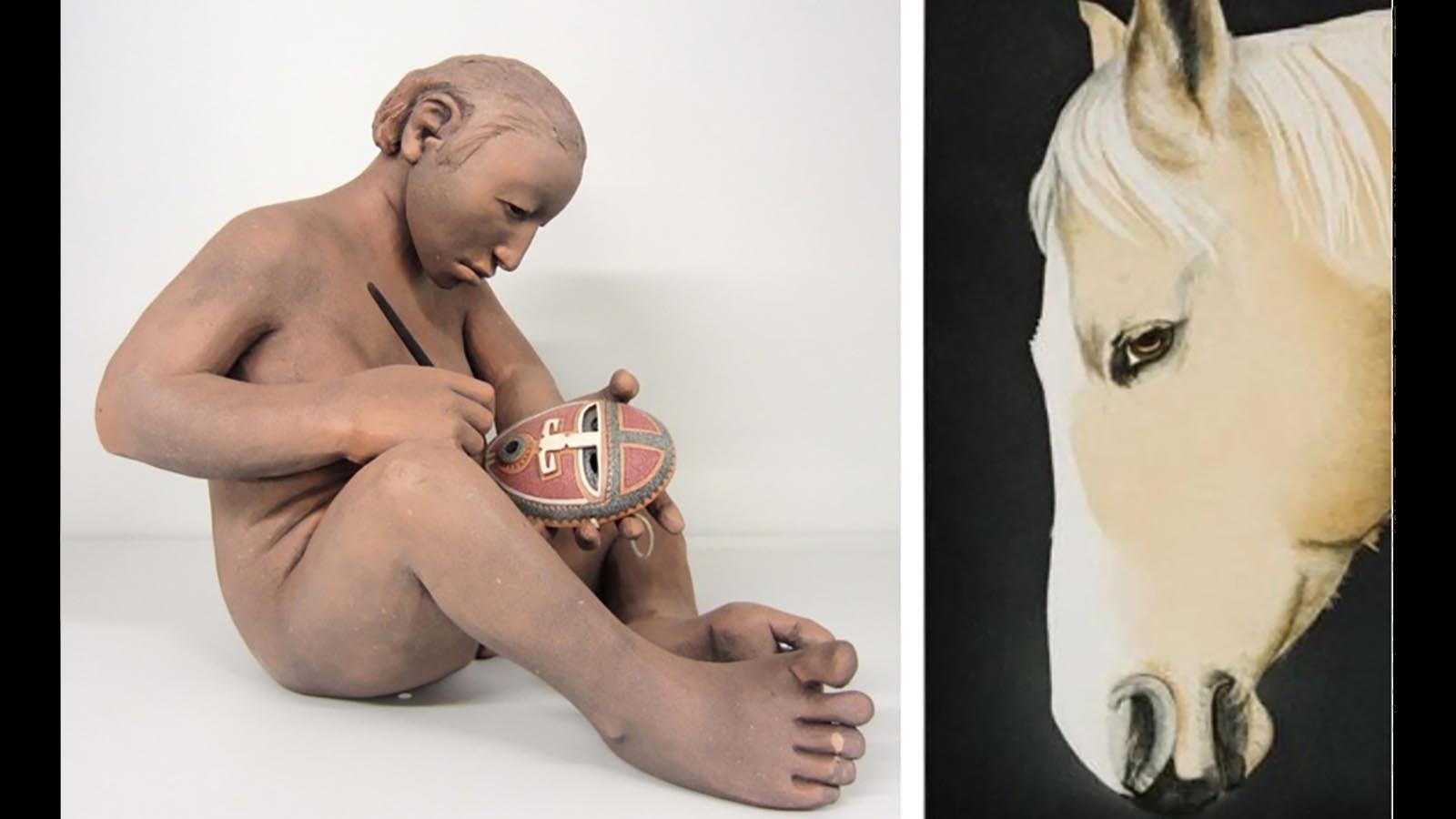 These two art pieces from the University of Wyoming Art Museum and Colorado State University’s Gregory Allicar Museum of Art (GAMA) are part of a friendly Border War rivalry between the two schools in the form of an art loan. Left is Roxanne Swentzell’s “Mask Maker” from GAMA, and right is Beth Van Hoesen’s “Pale Horse” at the UW Art Museum.