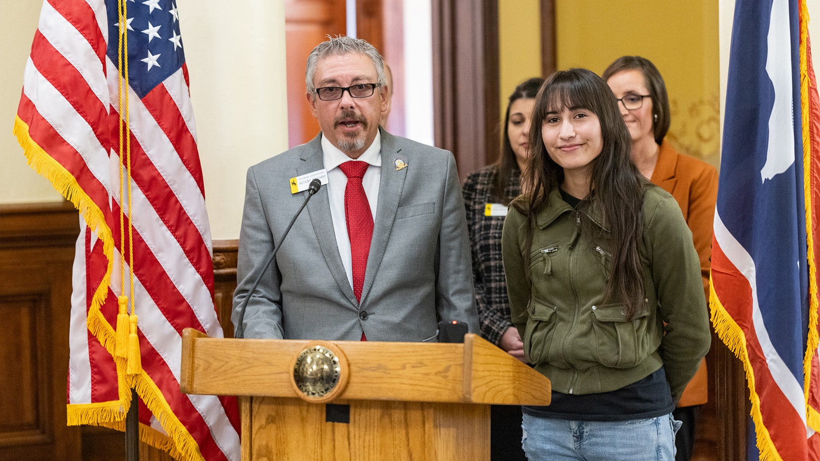 State Sen. Anthony Bouchard, R-Cheyenne, and Chloe Cole, a California activist who detransitioned to go back to being a girl. She testified during the 2024 session in favor of Senate File 99.