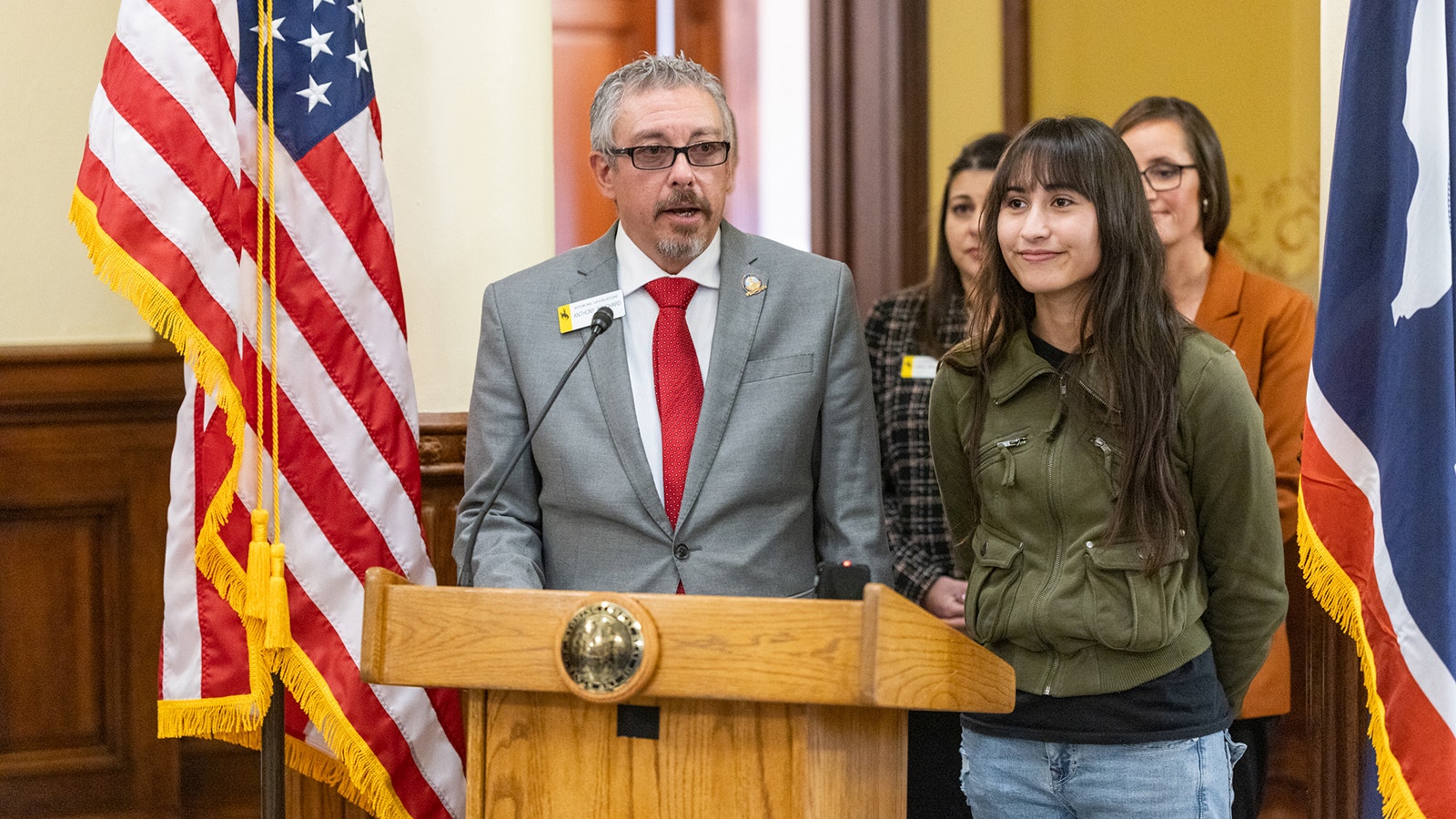 State Sen. Anthony Bouchard, R-Cheyenne, and Chloe Cole, a California activist who detransitioned to go back to being a girl. She testified in favor of Senate File 99.