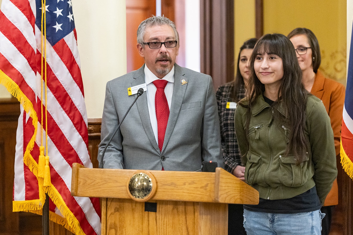 State Sen. Anthony Bouchard, R-Cheyenne, and Chloe Cole, a California activist who detransitioned to go back to being a girl. She testified in favor of Senate File 99.