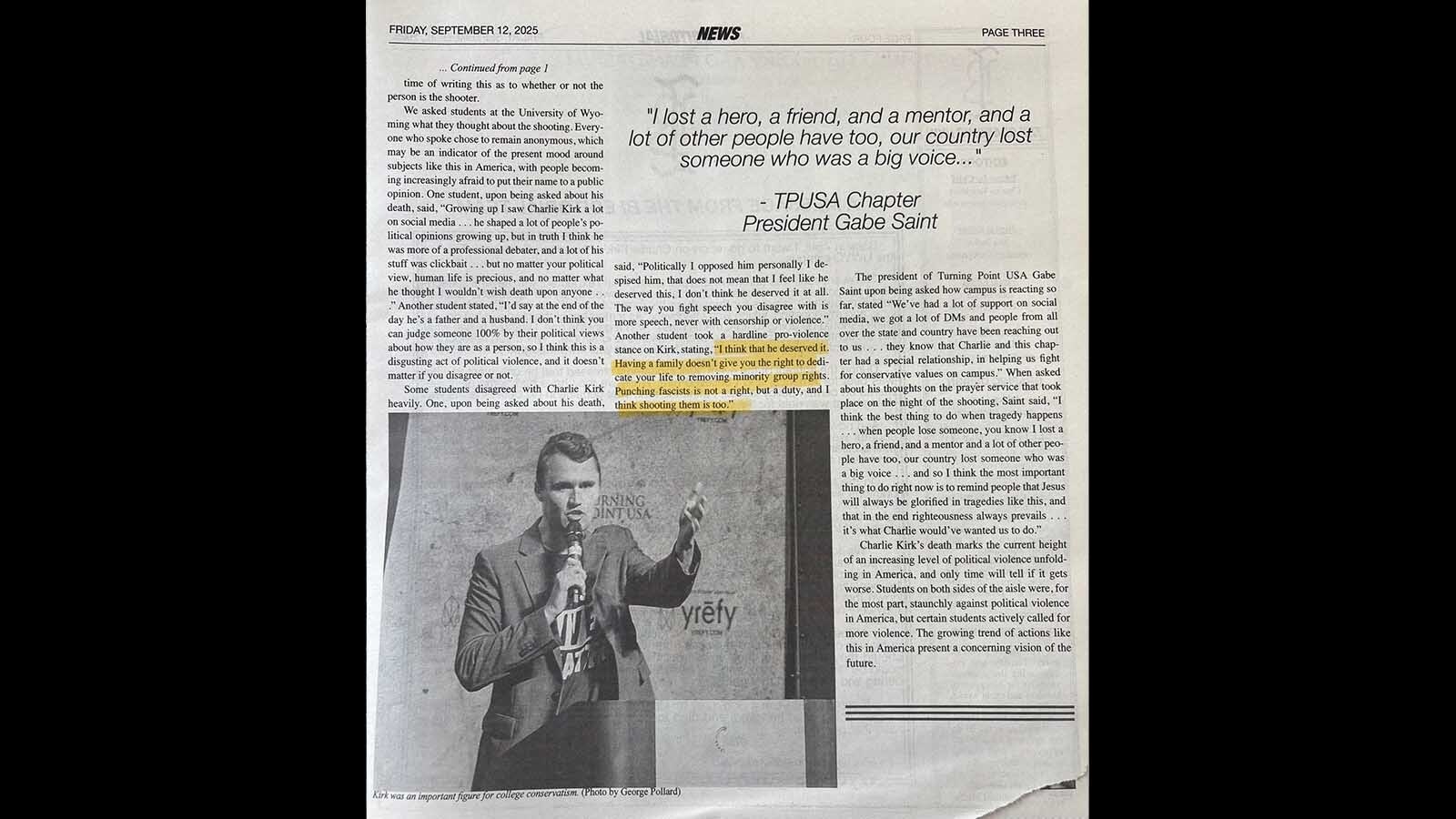 The Wyoming Freedom Caucus called out the University of Wyoming student newspaper The Branding Iron on Friday for an anonymous quote in a story that said Charlie Kirk “deserved” to be shot.