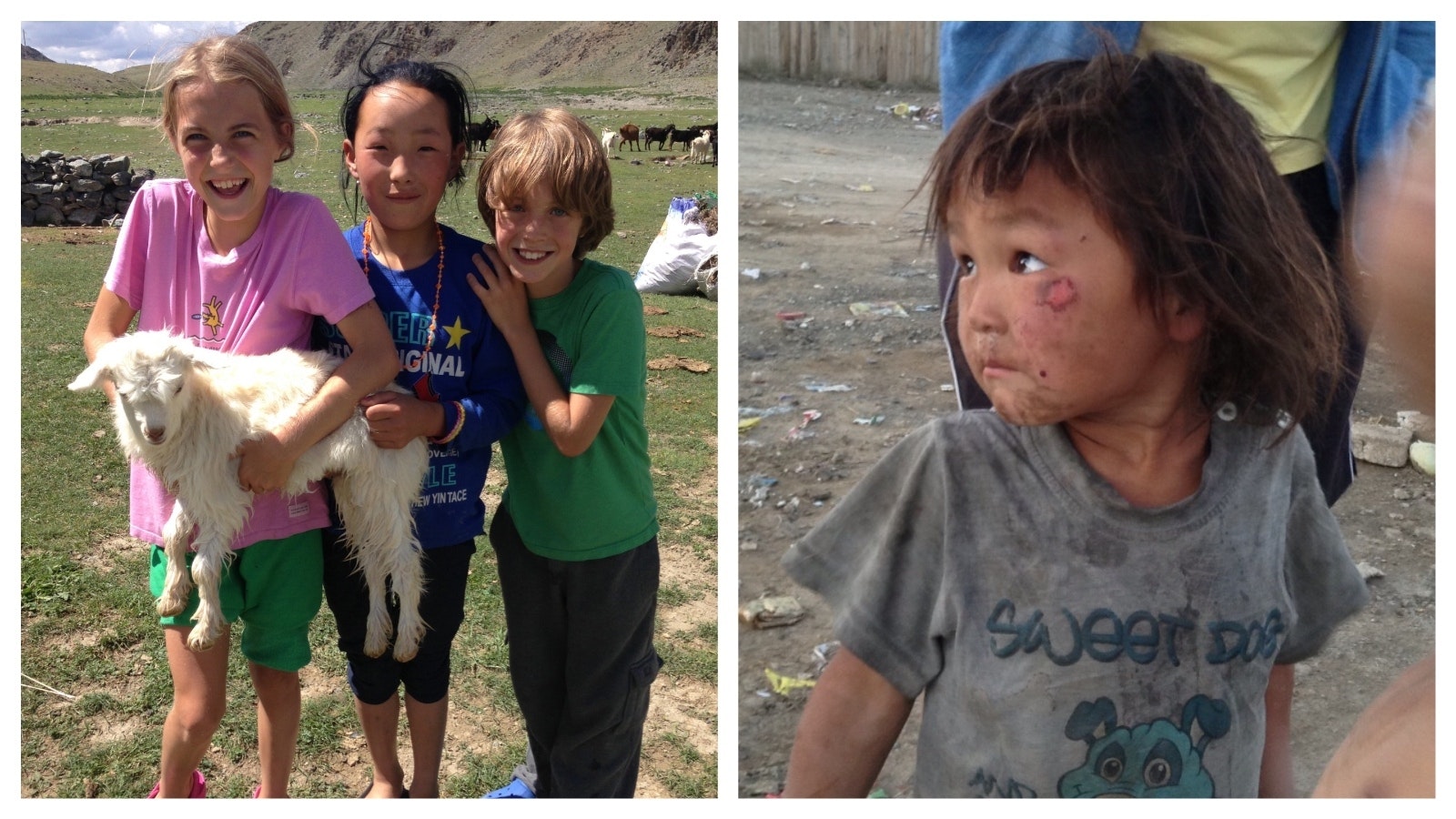 Left, Brian Hunter’s children, Selah and Kai, met a new friend while on the road supporting their dad. Right, his run across Mongolia raised $50,000 to help street children in the nation’s capital.