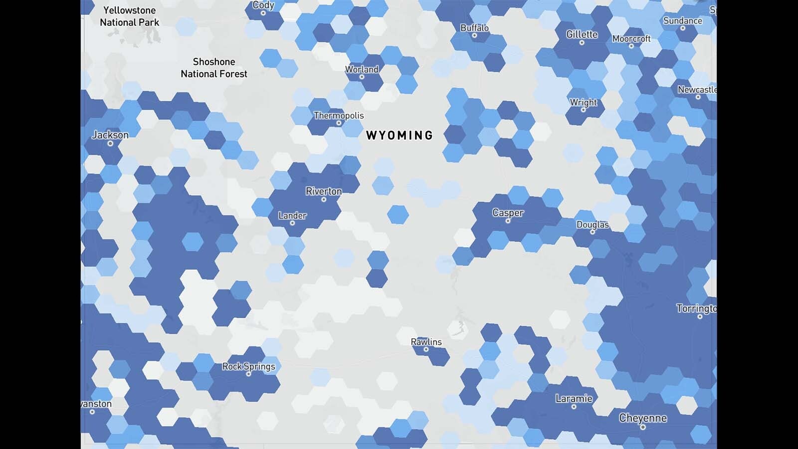 A map showing Wyoming's broadband coverage, with the fastest speeds available indicated by darker shades of blue.