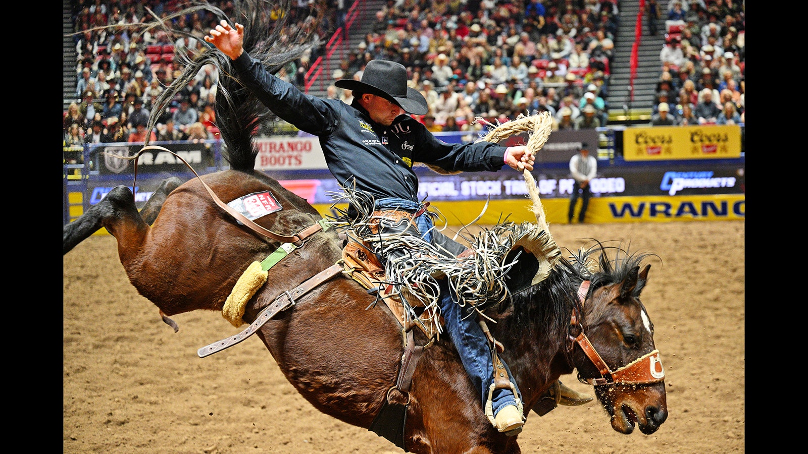 Saddle Bronc rider Brody Wells rides Diamond Fever during Round 3 at the National Finals Rodeo NFR at the Thomas & Mack Center in Las Vegas on Dec. 7, 2024.