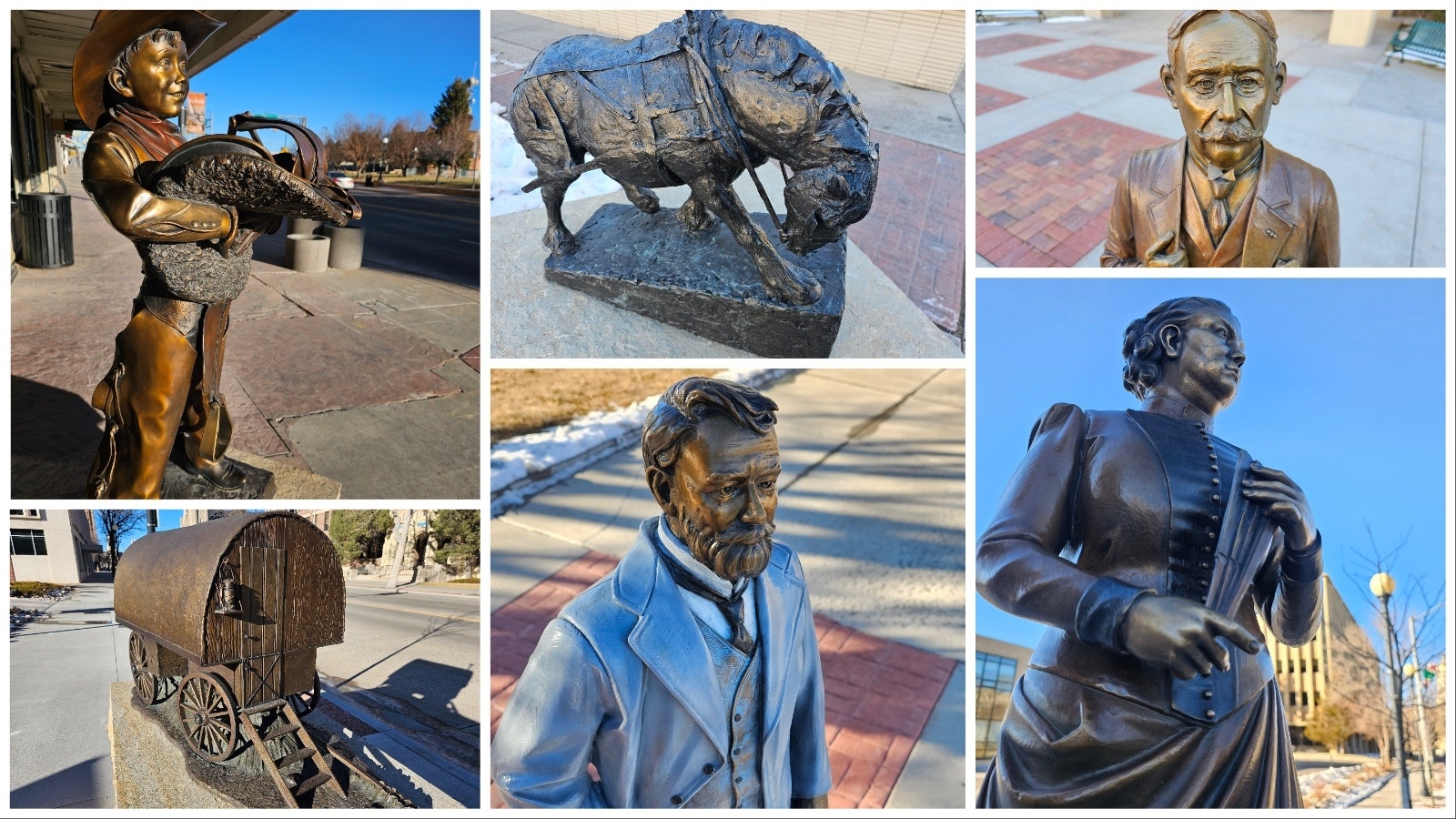 Clockwise from top left: Rarin' to Ride by George Linden, donated by Dennis and Jeff Wallace, and Wyoming Bank & Trust; Sheep Wagon by Tanner Loren, donors Fred and Karen Emerich; George Rainsford by Joel Turner, donors Rick and Abby Davis; Therese Jenkins, sculpted by Joel Turner; Sen. Francis E. Warren by Guadalupe Barajas, donated by Wyoming Angus Ranch; Earning His Oats by Del Pettigrew, donated by Tara Nethercott.