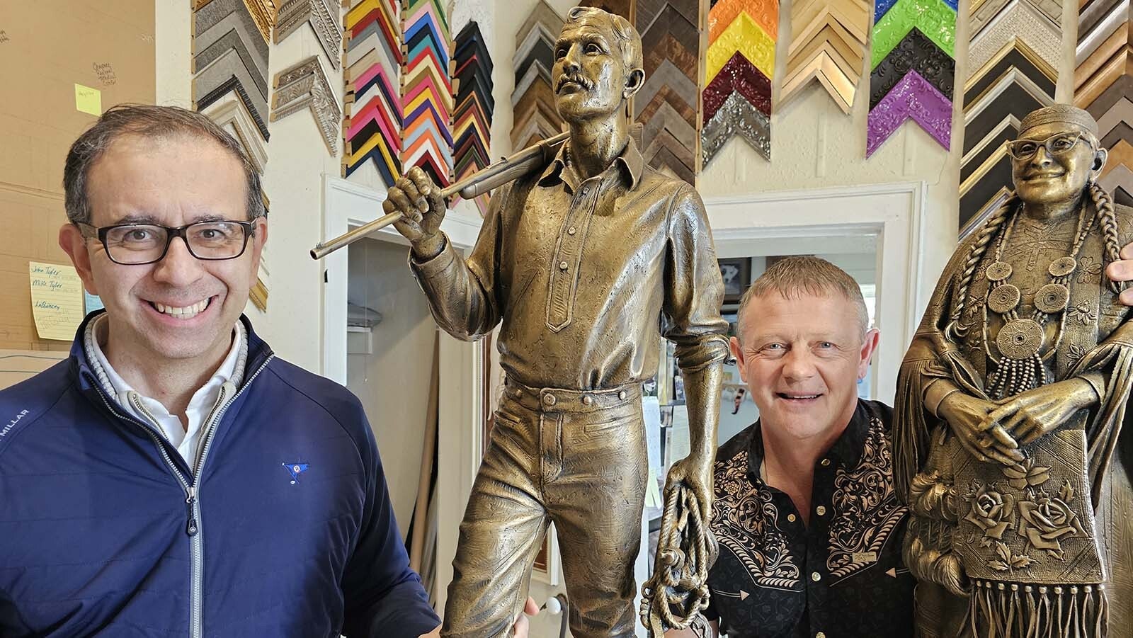 Nathanial Trelease, left, with a statue of Tom Horn, and Harvey Deselms with a statue of Princess Blue Water, right, at Deselms’ studio in Cheyenne. The two statues are the next bronzes that will be installed as part of Cheyenne's bronze project, which has 62 statues in it and counting.