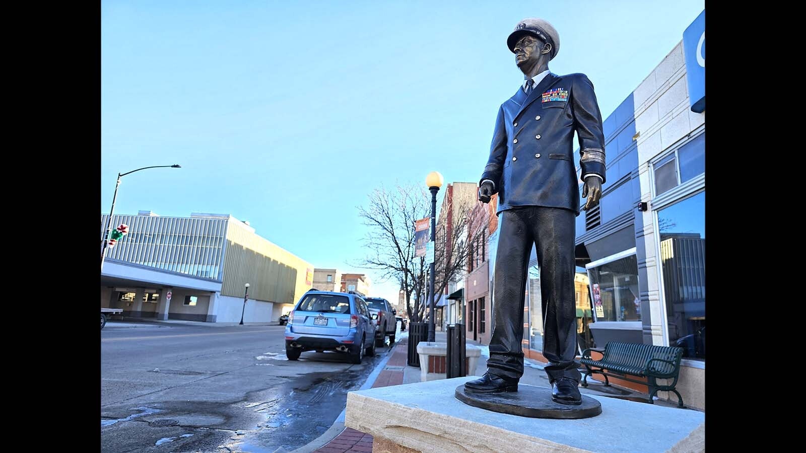Vice Admiral Francis McInerney perpetually looks out over Cheyenne at the intersection of Capitol Avenue and 18th Street. Winner of the Navy Cross, a Silver Star, a Bronze Star and the Legion of Merit Medal, McInerney had a remarkable military career. The sculptor was Joel Turner and Donors were John T. McInerney and Sara Murphy, along with Diane and Daniel E. White, Catherine and Edward F. Murray III.