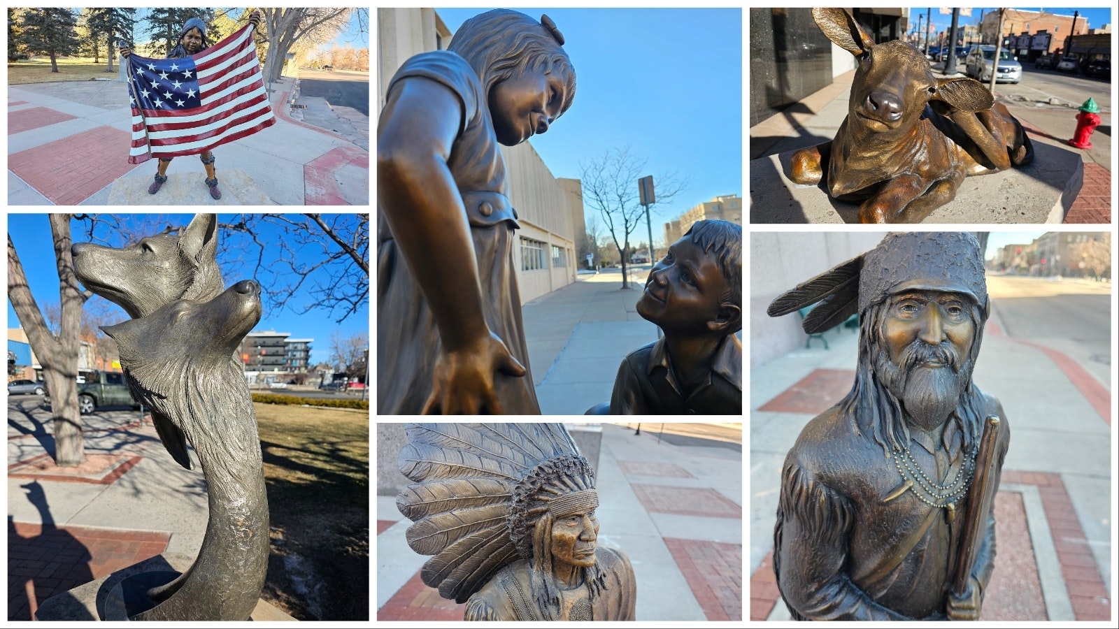 Clockwise from top left: The Native Girl by George Linden, donated by Alice's Lakeside Legacy; Devoted by Chuck Weavers; Chief Yellowcalf by Tanner Loren, donated by ANB bank; Mountain Man John Colter, sculpted by Tanner Loren and donated by Bob Born; Norma's Calf by Rich Haines for the Deselms family; Family Ties by Chris Navarro, donated by Dixie and Tom Roberts.