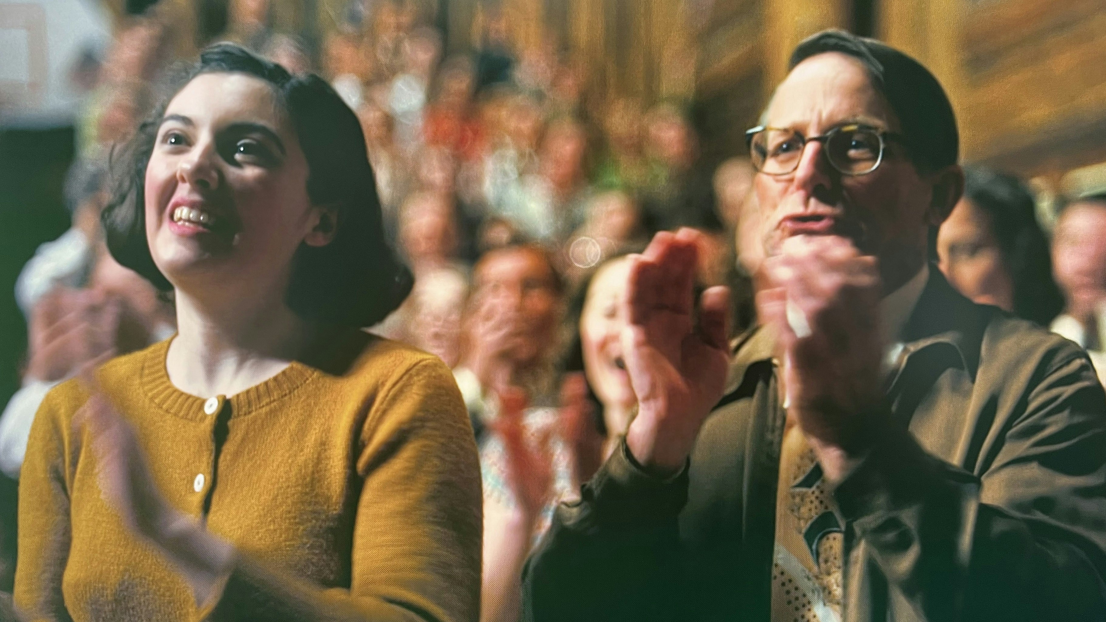 Brooke Sawyer, left, and Garth Dowling in a close-up shot during the auditorium scene in the blockbuster movie "Oppenheimer." Dowling spent four decades as a photojournalist in Jackson before moving and becoming an extra in the movie.