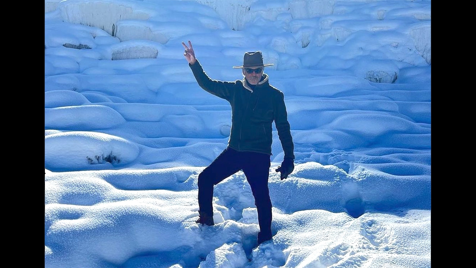 This photo of actor Pierce Brosnan on the Mammoth Hot Springs Terraces was posted to the @touronsofyellowstone Instagram page on Nov. 5, 2023.