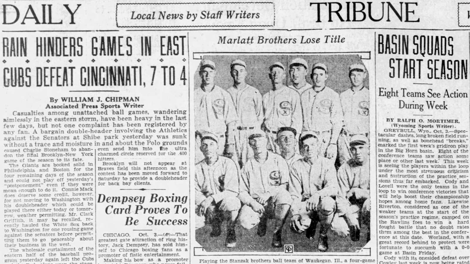 The Casper Daily Tribune covered the defeat of the Marlers in its Oct. 3, 1929 edition.