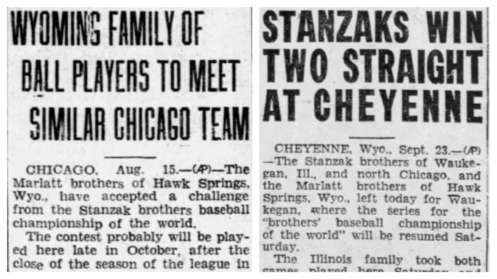 The Casper Daily Tribune on Aug. 15, 1929, left, ran a story about the all-brothers world series. Right, the Daily Tribune told its readers that the all-brothers series was headed to Chicago on Sept. 23, 1929, and the state team had not won yet.