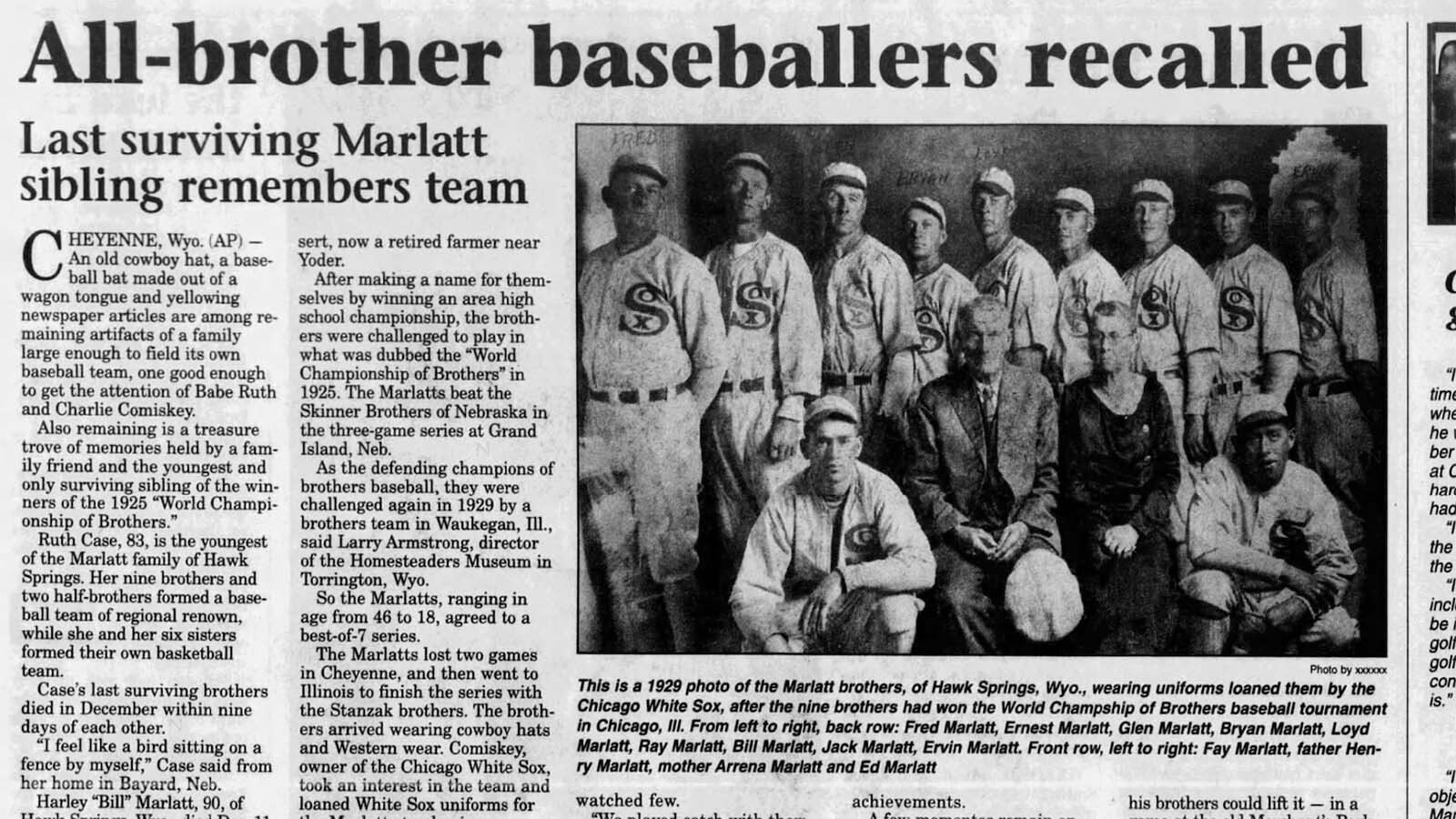 The Scottsbluff Star Herald looked back at the Marlatt family baseball team in 1998. The last surviving sibling was interviewed for the story.