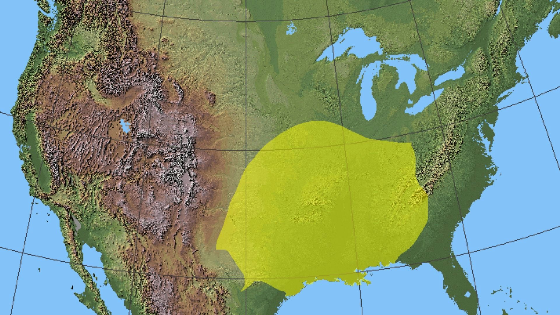 The yellow highlight shows the optimal range for brown recluse spiders in the United States.