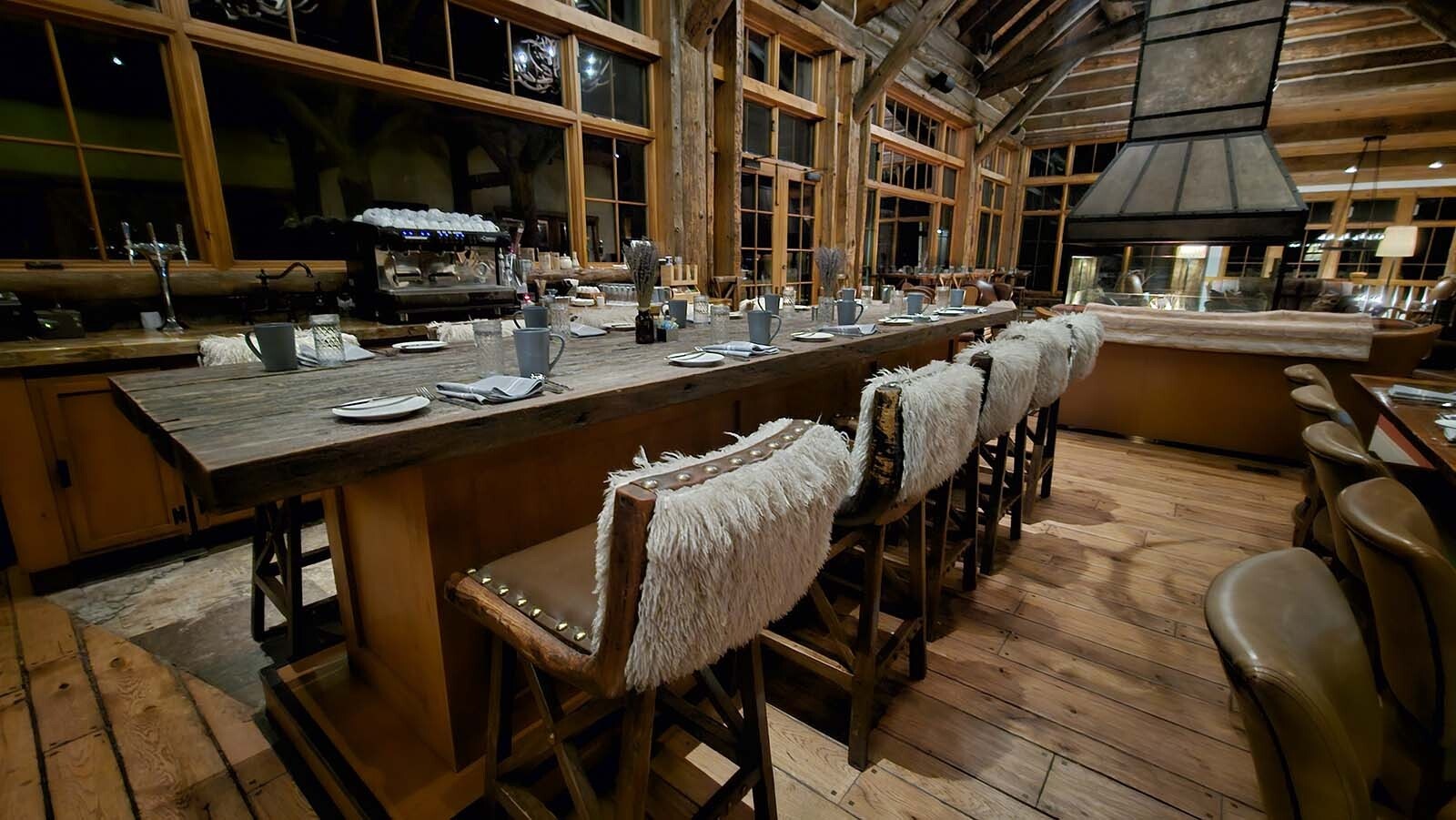 Cowhide chairs await diners at the Trailhead Lodge.